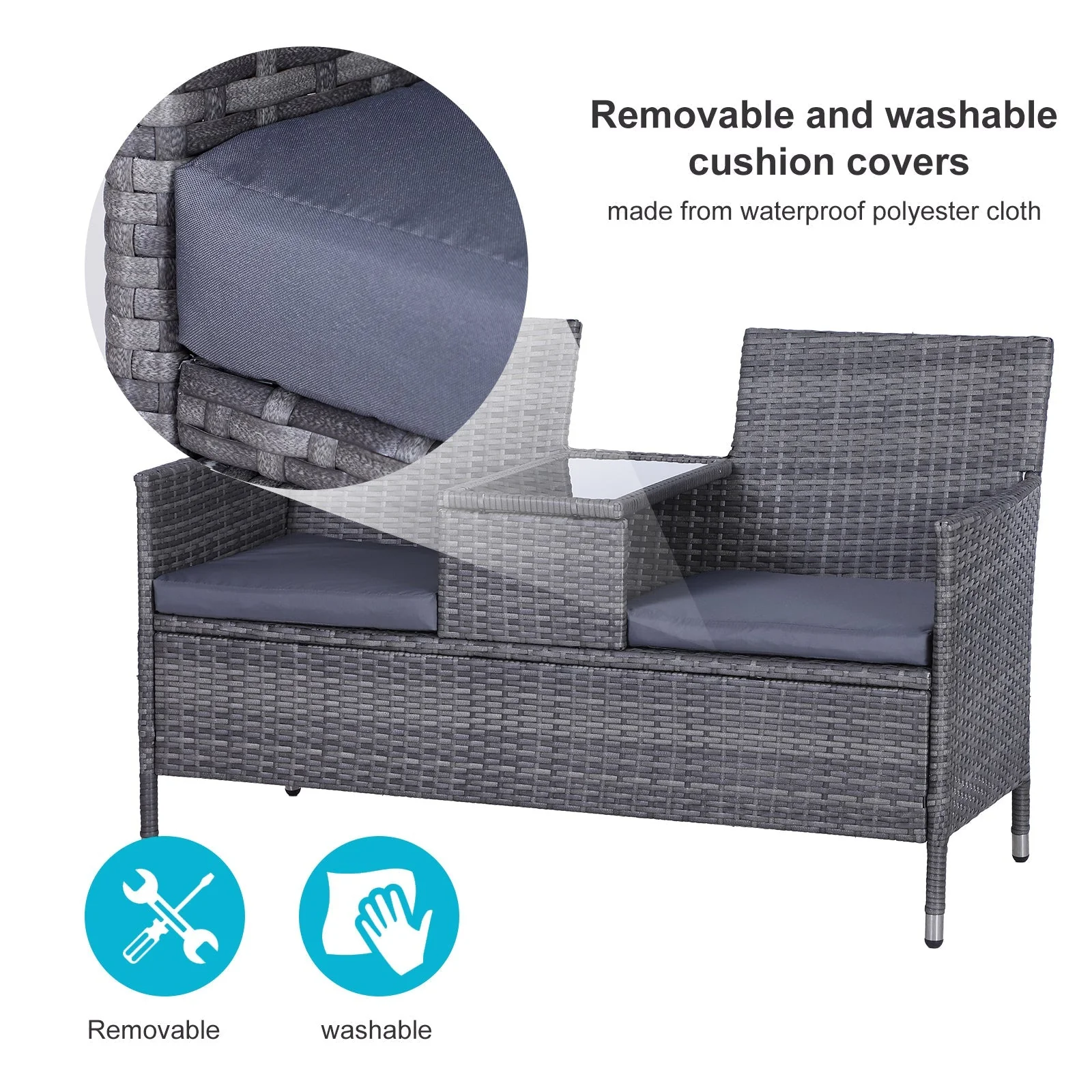 Outsunny 2-Seater PE Rattan Outdoor Garden Bench w/ Centre Table Grey - Image 5
