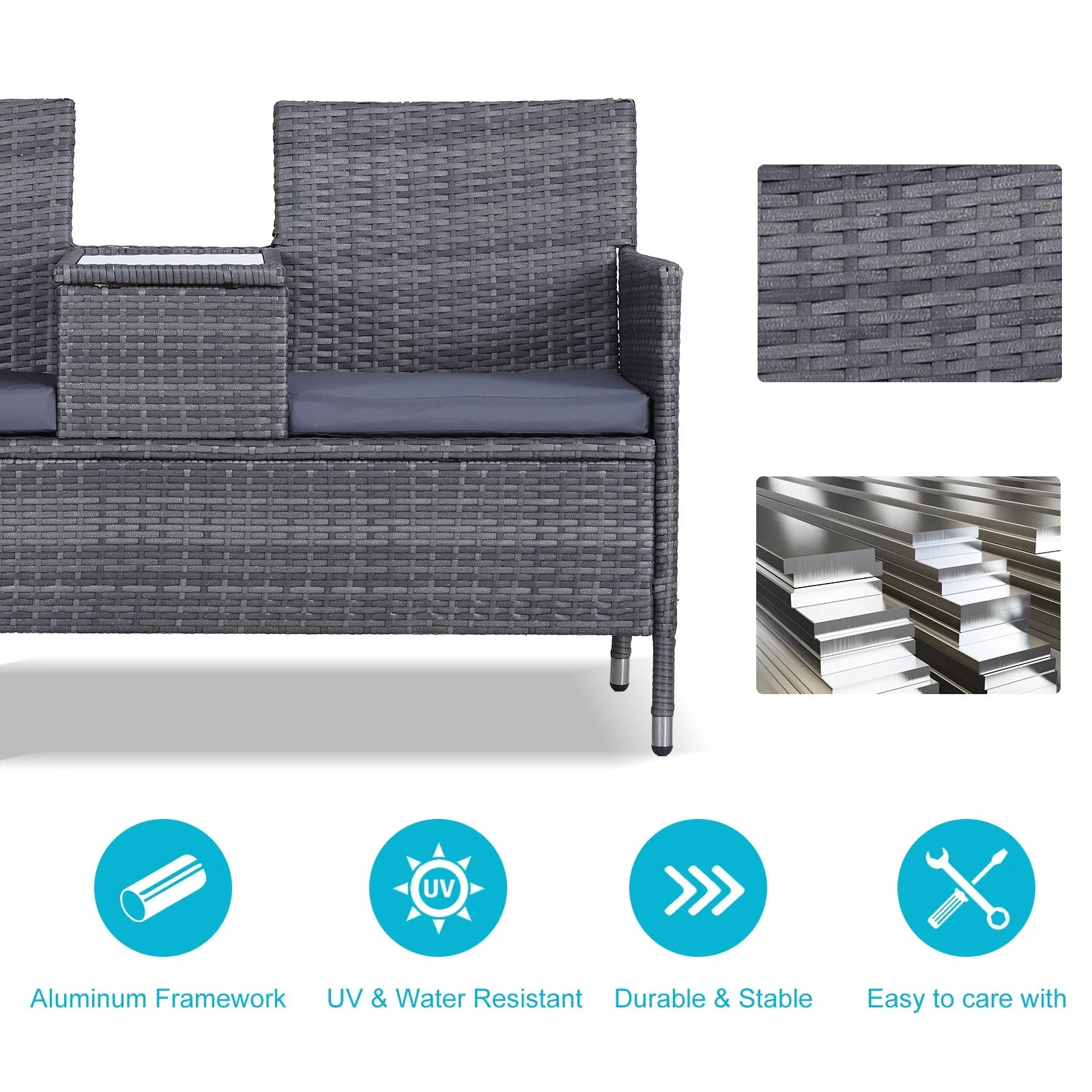 Outsunny 2-Seater PE Rattan Outdoor Garden Bench w/ Centre Table Grey - Image 6