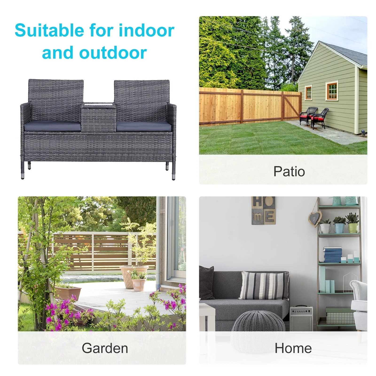 Outsunny 2-Seater PE Rattan Outdoor Garden Bench w/ Centre Table Grey - Image 7