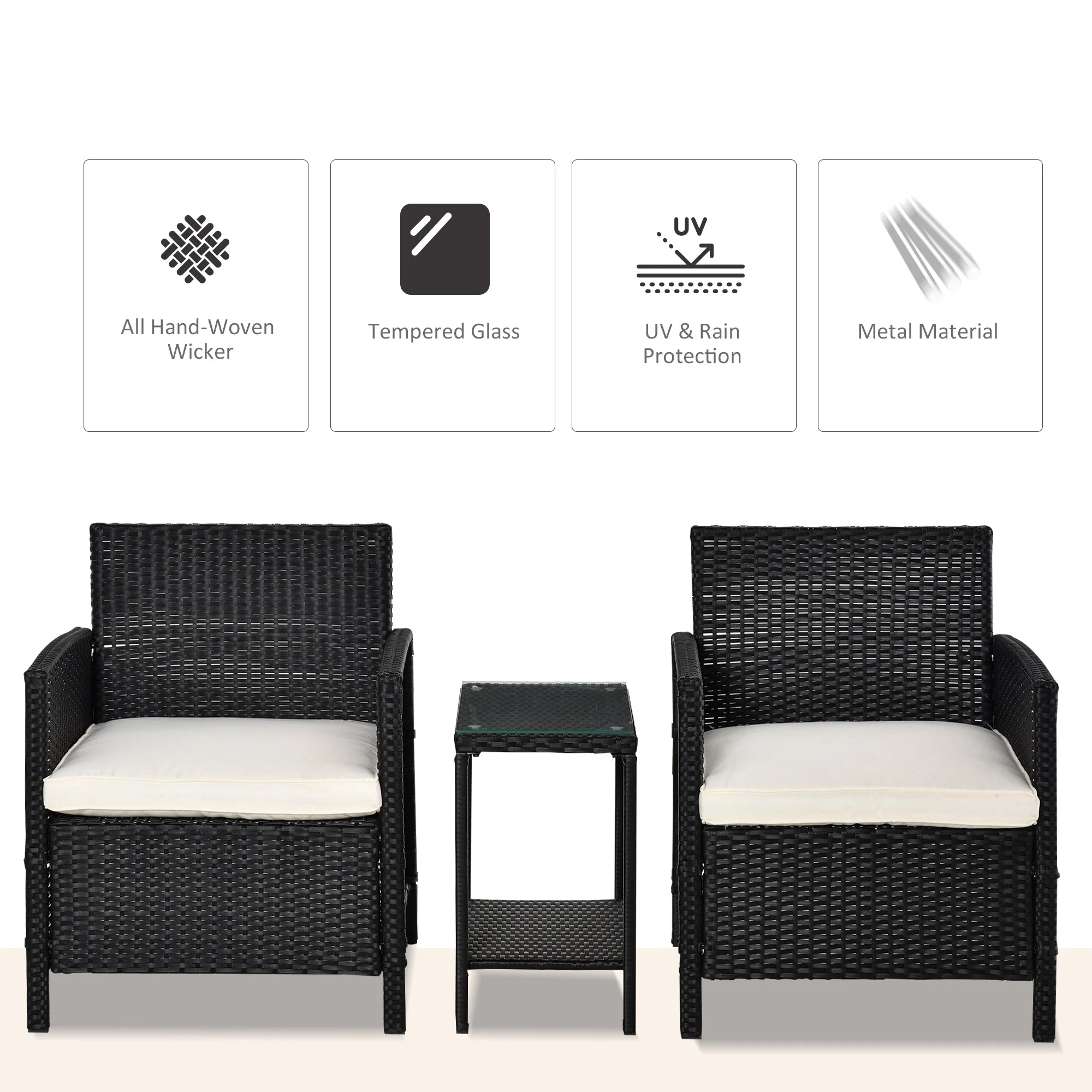 Outsunny 2-Seater Pe Rattan Side Table & Armchair Bistro Set Jack And Jill Seat With Pillows Black - Image 4