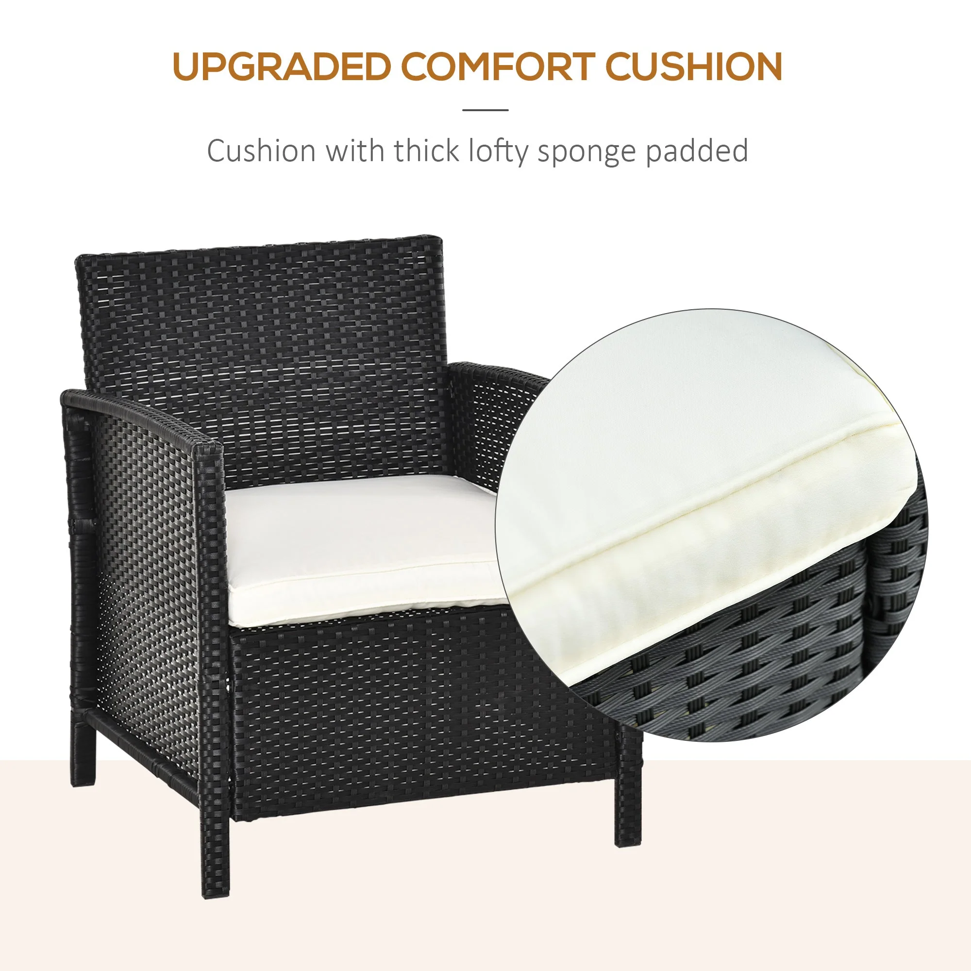 Outsunny 2-Seater Pe Rattan Side Table & Armchair Bistro Set Jack And Jill Seat With Pillows Black - Image 6