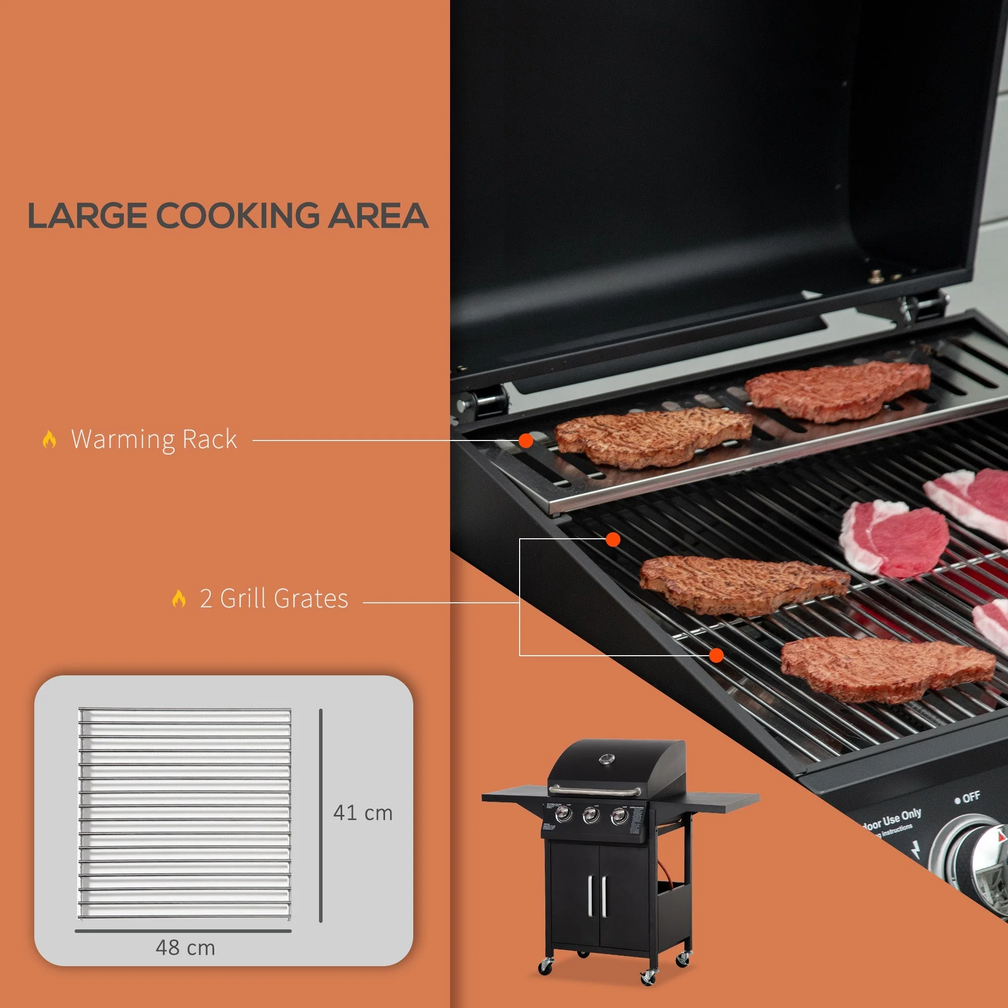 Outsunny 3 Burner Gas Bbq Grill Outdoor Portable Barbecue Trolley W/ Warming Rack - Image 4