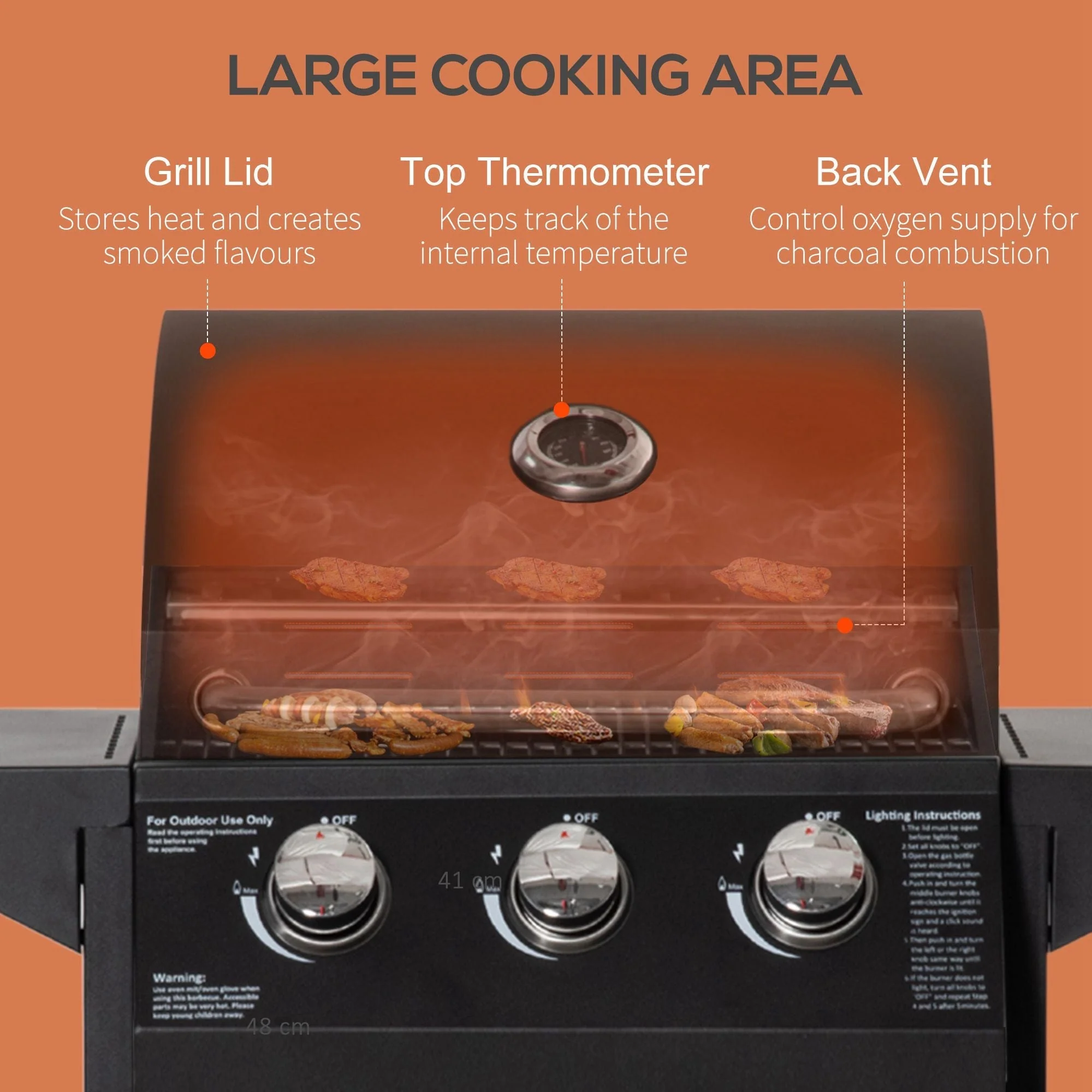 Outsunny 3 Burner Gas Bbq Grill Outdoor Portable Barbecue Trolley W/ Warming Rack - Image 5