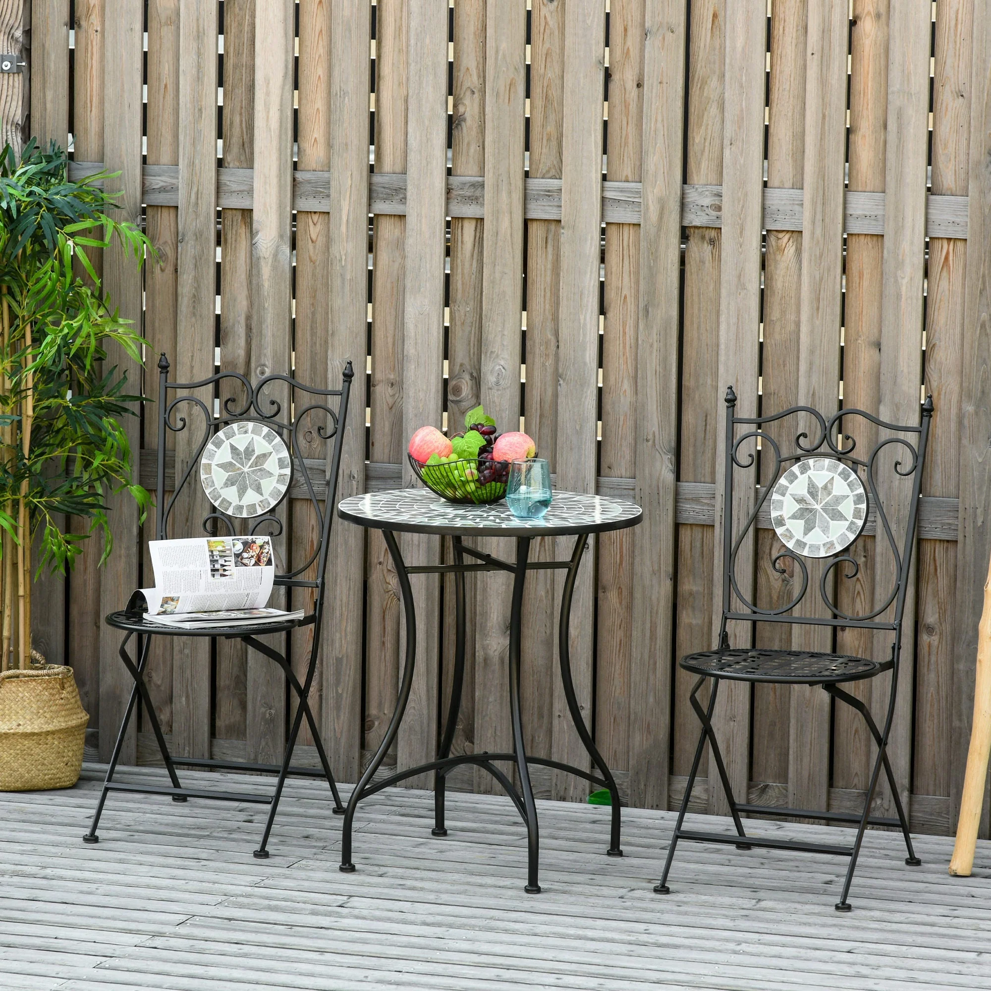 Outsunny 3 Pcs Mosaic Tile Garden Bistro Set Outdoor Seating w/ Table 2 Folding Chairs Set Metal Frame Elegant Scrolling Indoor Patio Balcony - Image 2
