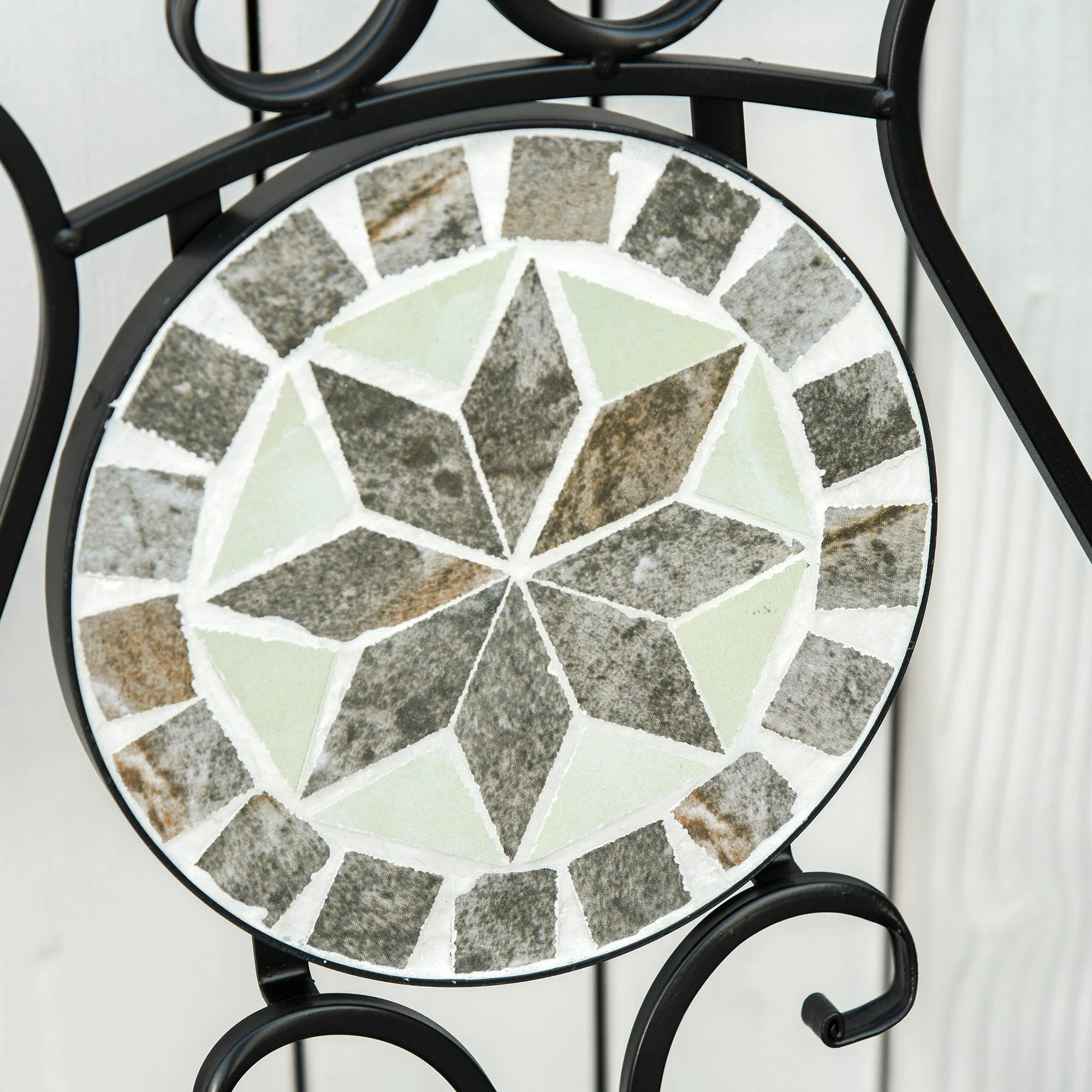 Outsunny 3 Pcs Mosaic Tile Garden Bistro Set Outdoor Seating w/ Table 2 Folding Chairs Set Metal Frame Elegant Scrolling Indoor Patio Balcony - Image 7