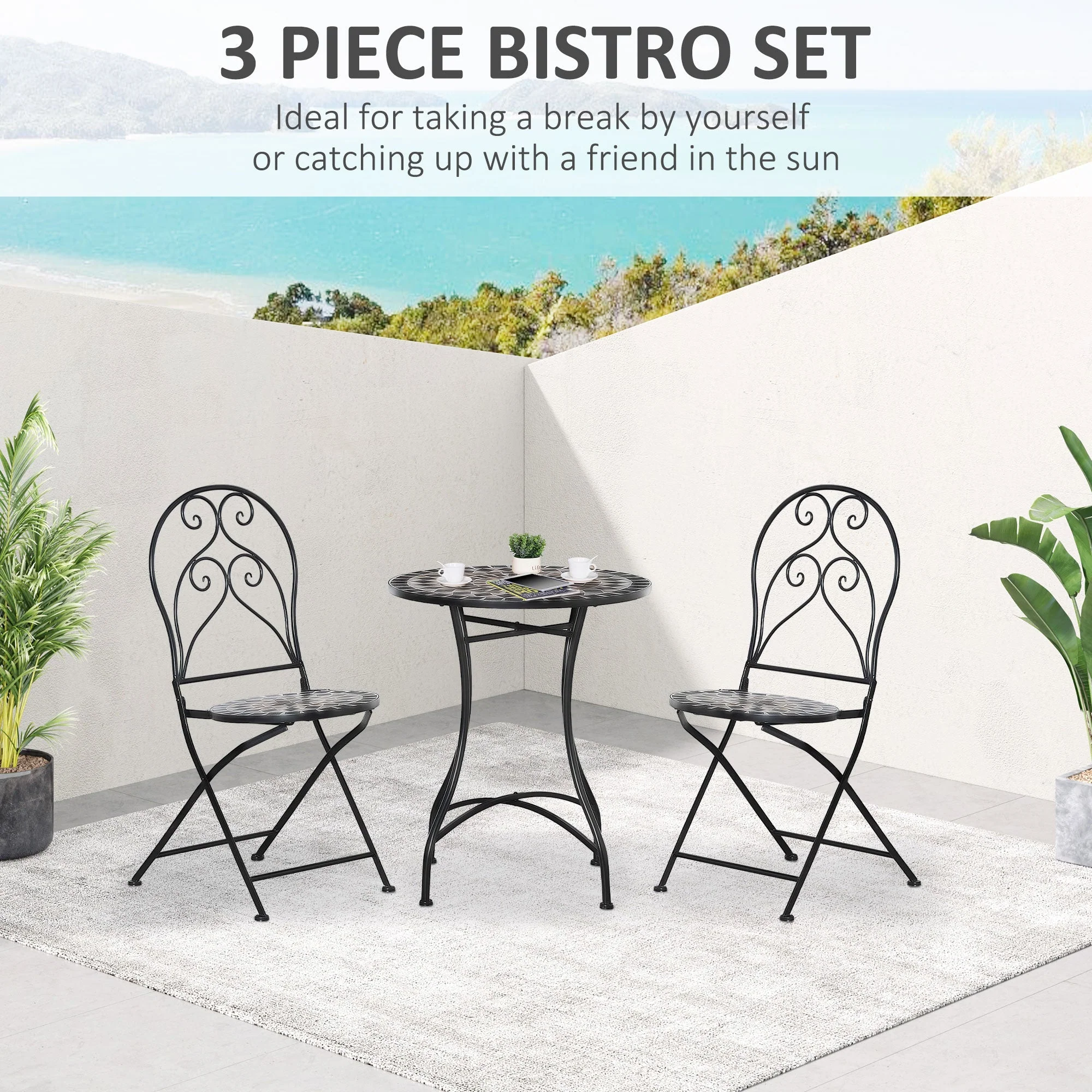 Outsunny 3 Piece Garden Bistro Set with Coffee Table and 2 Folding Chairs - Image 4
