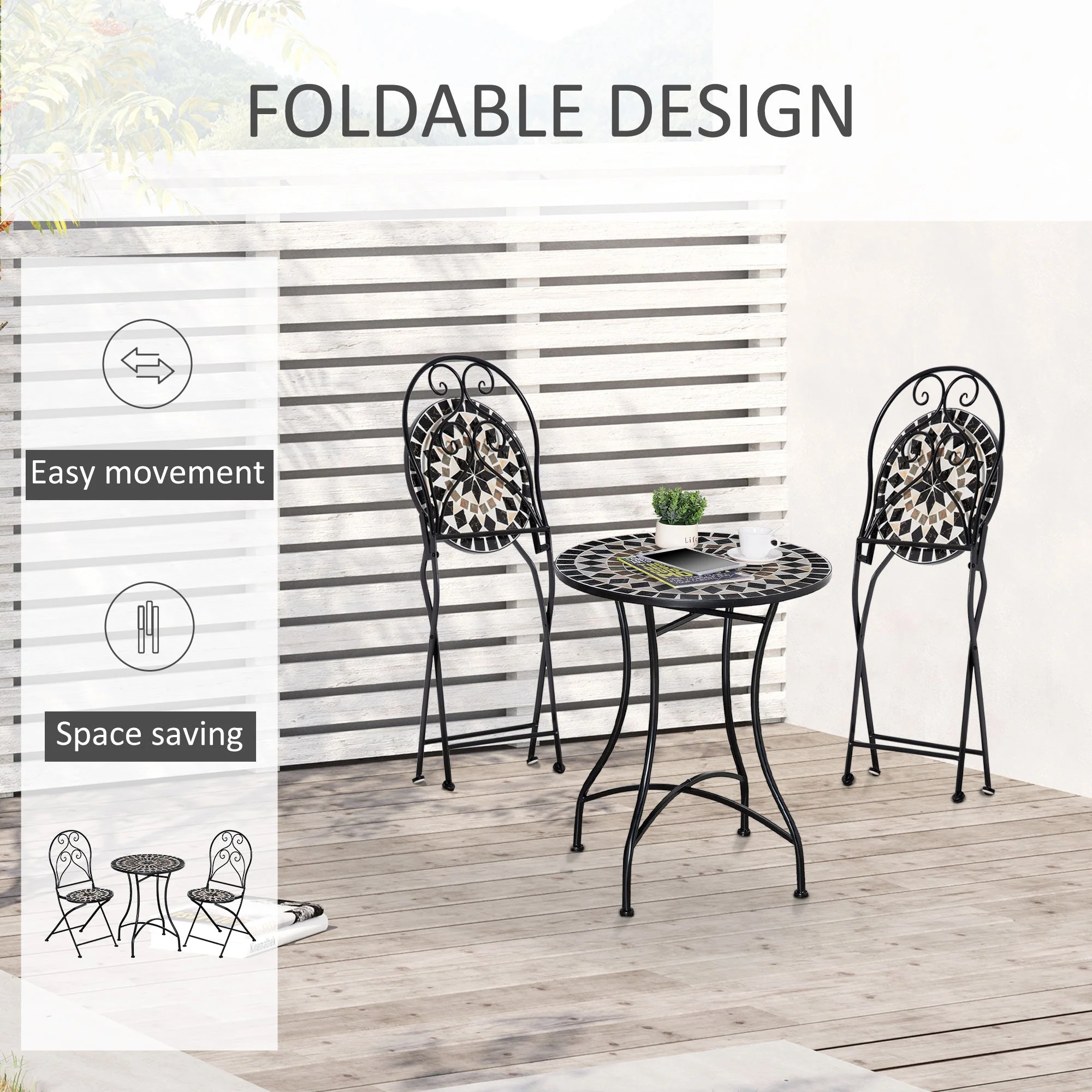 Outsunny 3 Piece Garden Bistro Set with Coffee Table and 2 Folding Chairs - Image 5