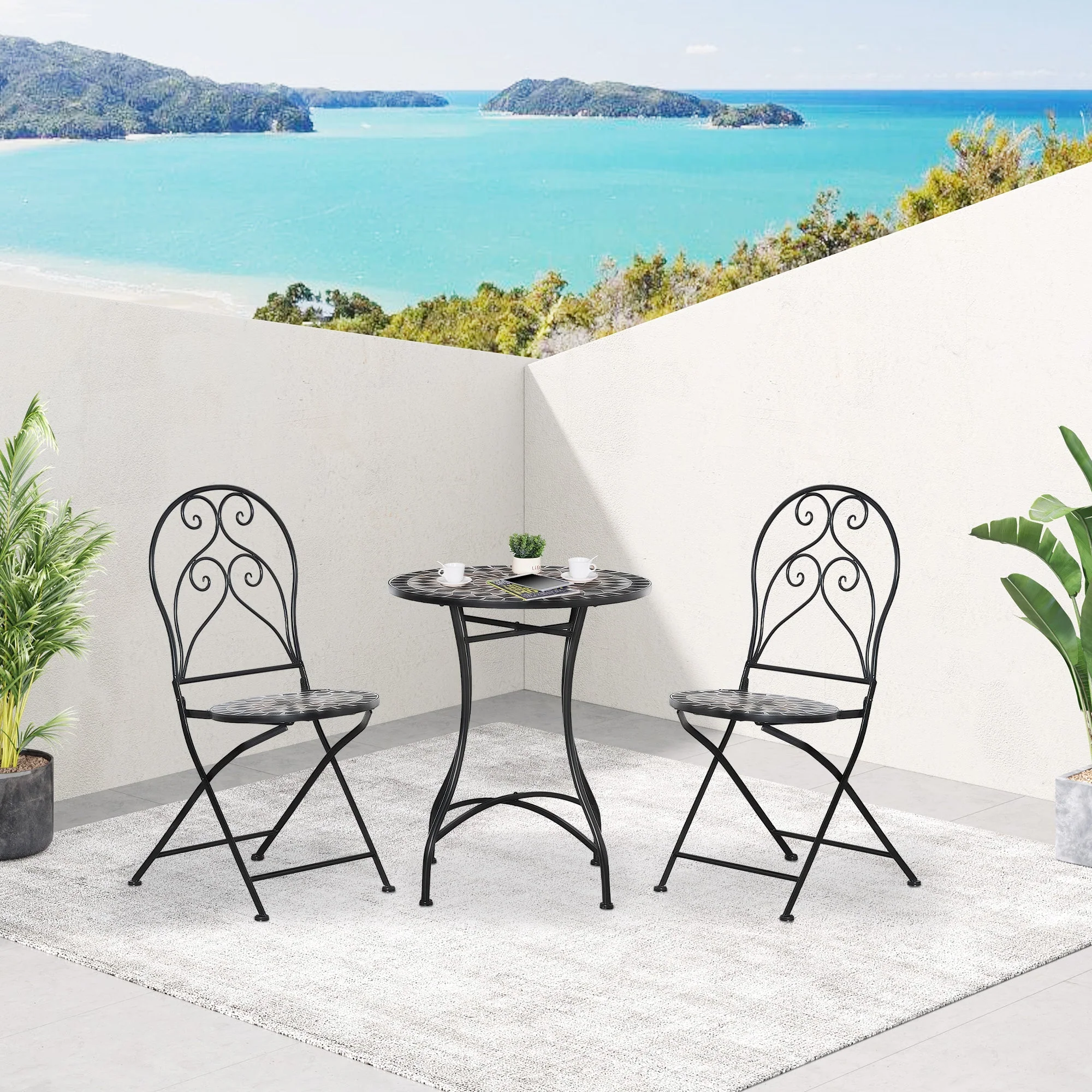 Outsunny 3 Piece Garden Bistro Set with Coffee Table and 2 Folding Chairs - Image 7