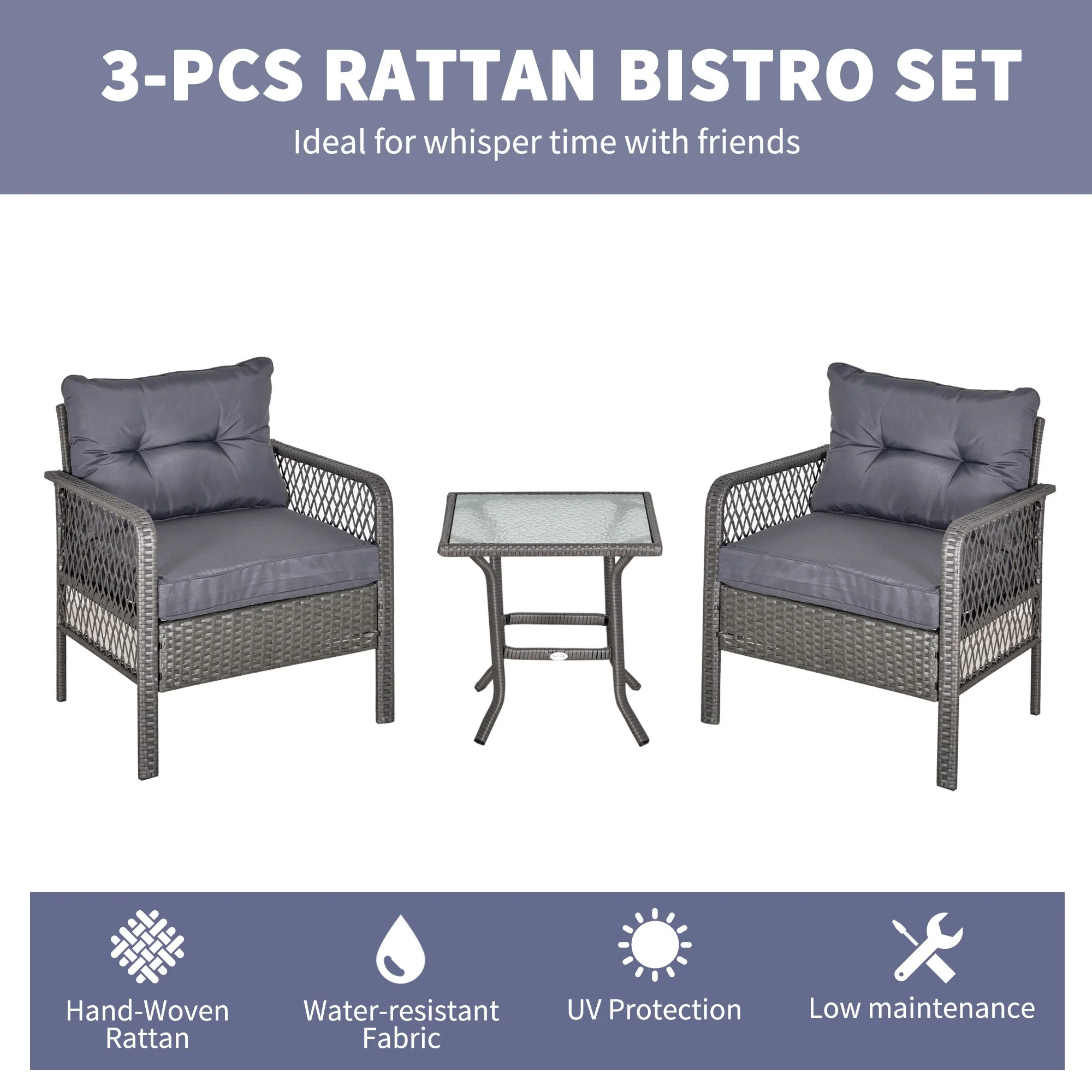 Outsunny 3 Pieces Patio PE Rattan Bistro Set - Image 4