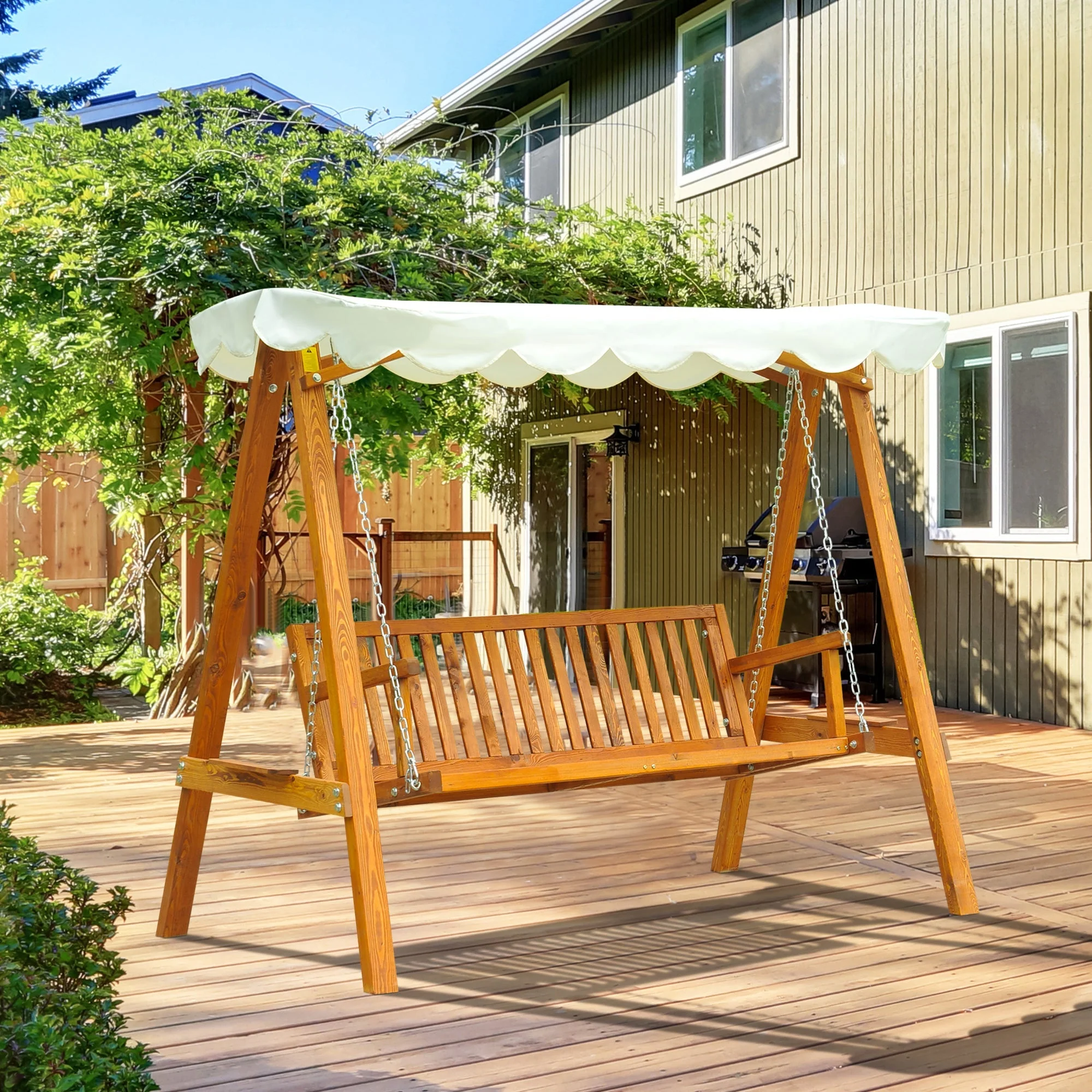 Outsunny 3 Seater Wooden Garden Swing Seat Canopy Swing Chair Outdoor Hammock Bench - Image 2