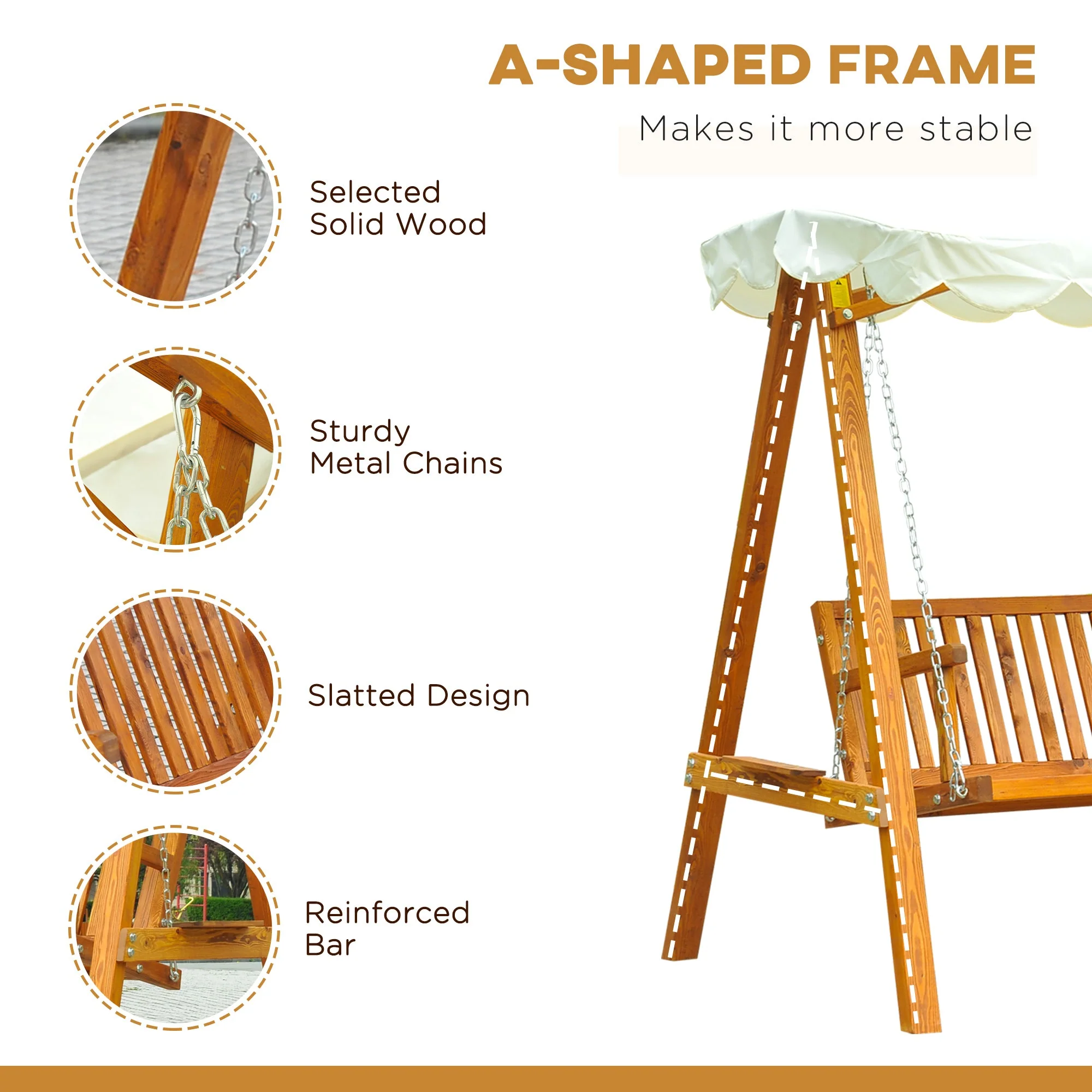 Outsunny 3 Seater Wooden Garden Swing Seat Canopy Swing Chair Outdoor Hammock Bench - Image 5