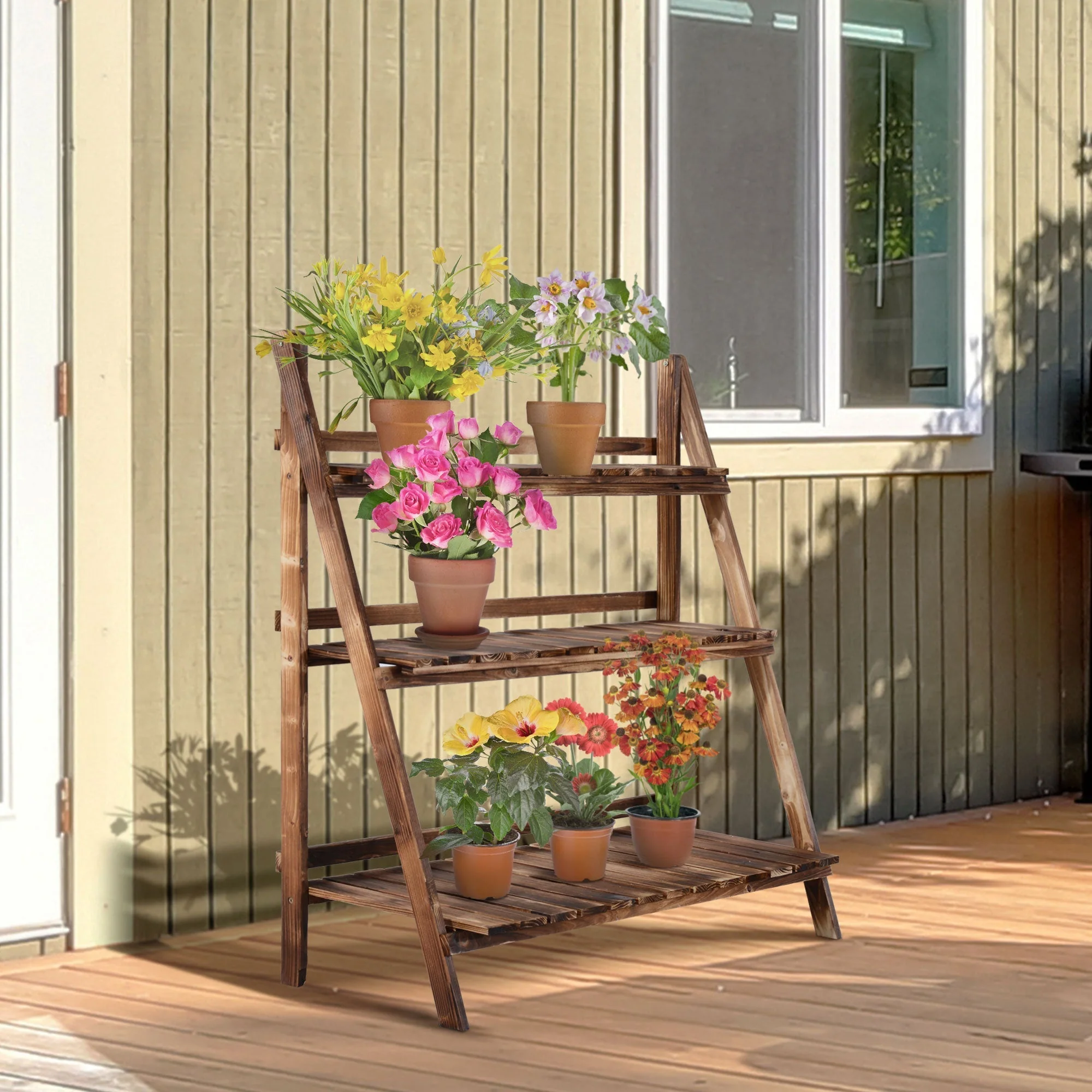 Outsunny 3 Tier Flower Stand Wood Folding Planter Ladder Display Shelf Rack For Garden Outdoor Backyard 100Lx37Wx93H(cm) - Image 2