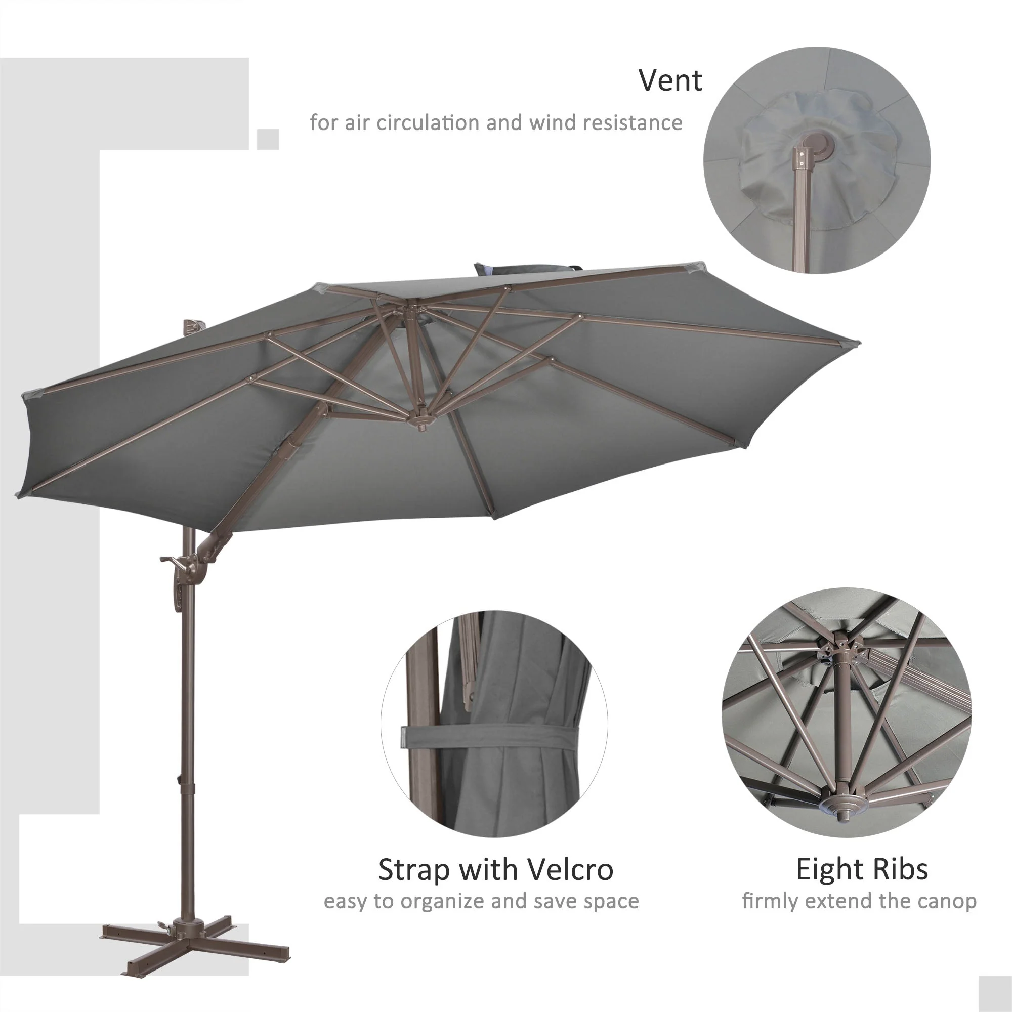 Outsunny 3(M) Cantilever Parasol 360 Rotation Roma Umbrella Hanging Sun Shade With Aluminum Frame - Image 6