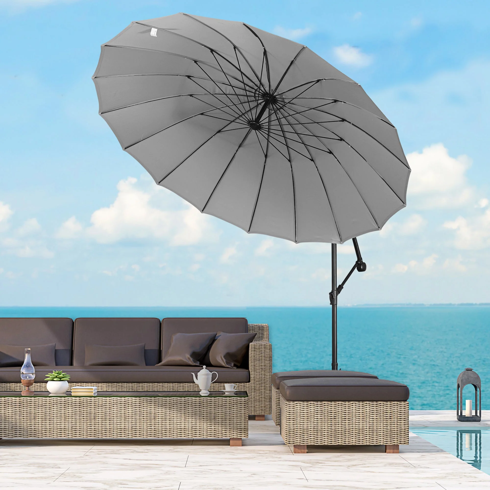 Outsunny 3(M) Cantilever Umbrella 18 Ribs & Vents Adjustable Angle For Patio Light Grey - Image 2