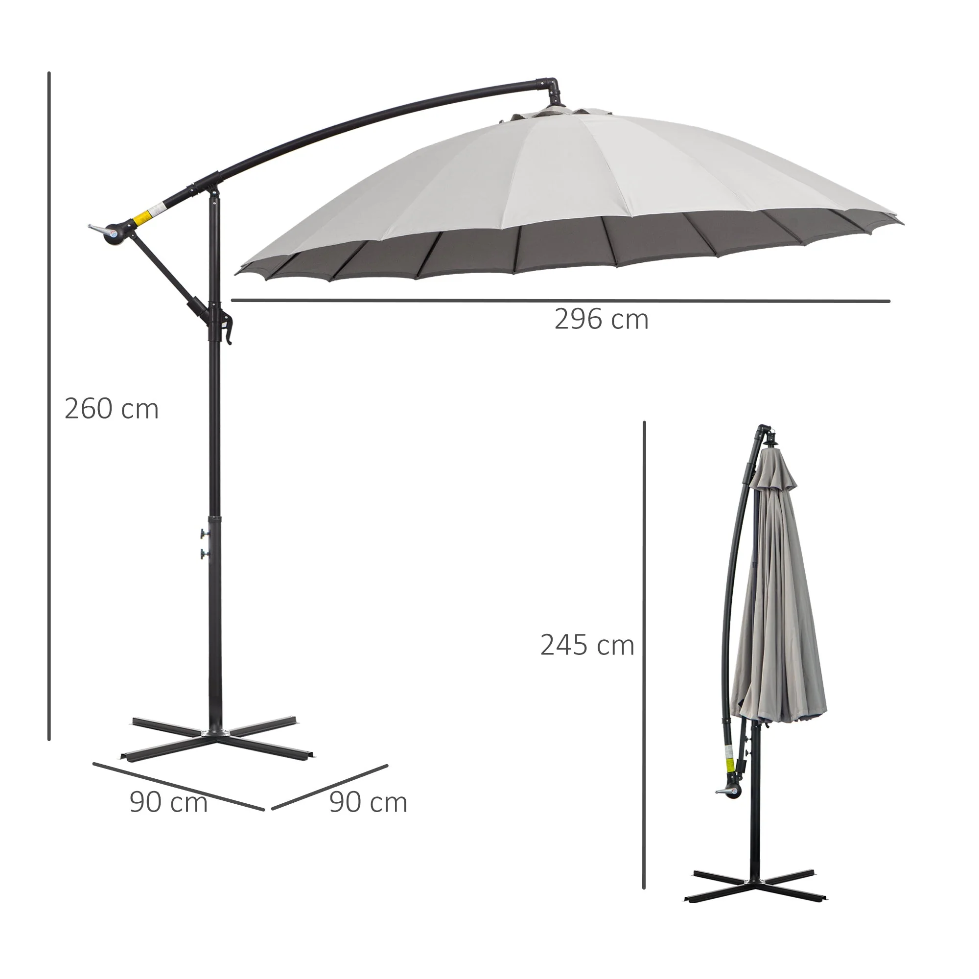 Outsunny 3(M) Cantilever Umbrella 18 Ribs & Vents Adjustable Angle For Patio Light Grey - Image 3