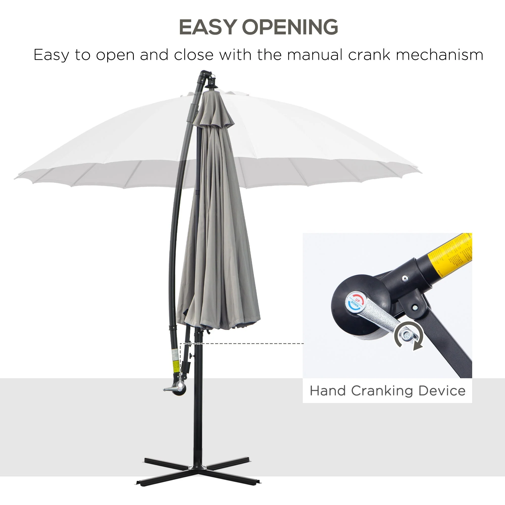 Outsunny 3(M) Cantilever Umbrella 18 Ribs & Vents Adjustable Angle For Patio Light Grey - Image 4