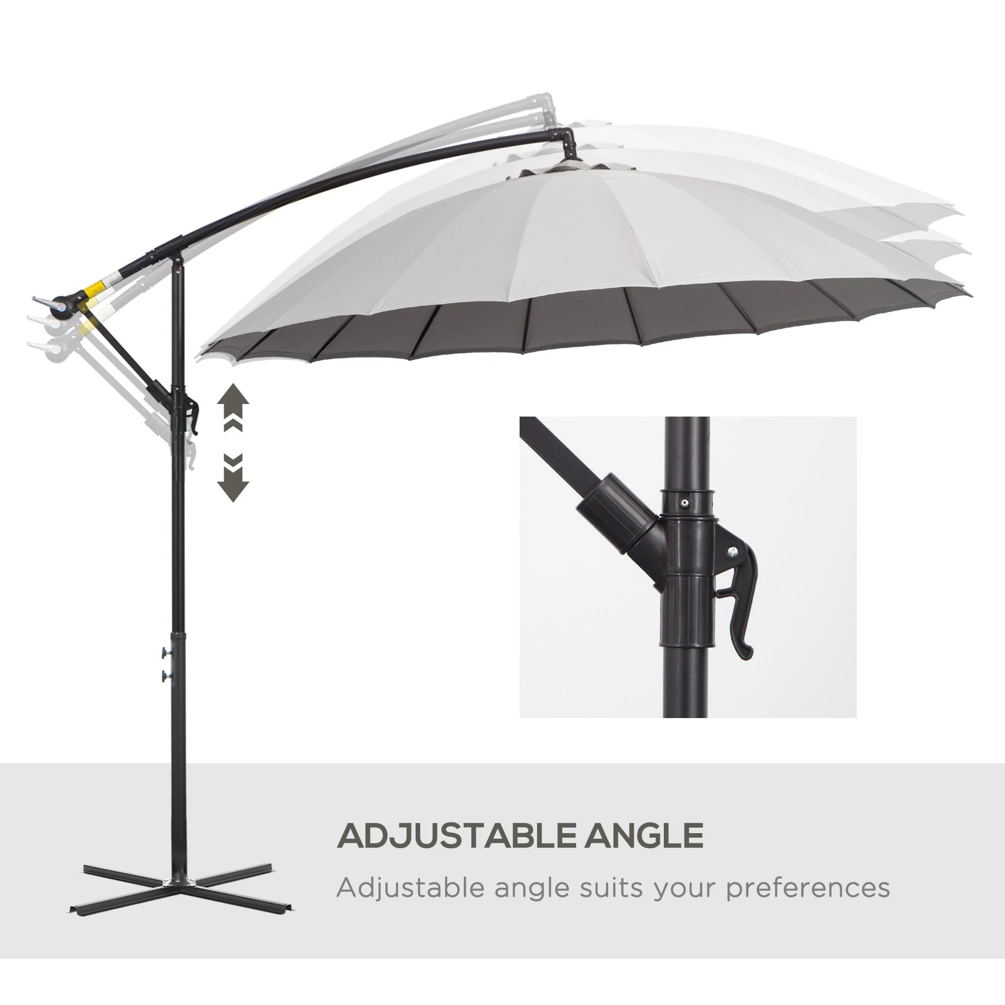 Outsunny 3(M) Cantilever Umbrella 18 Ribs & Vents Adjustable Angle For Patio Light Grey - Image 5