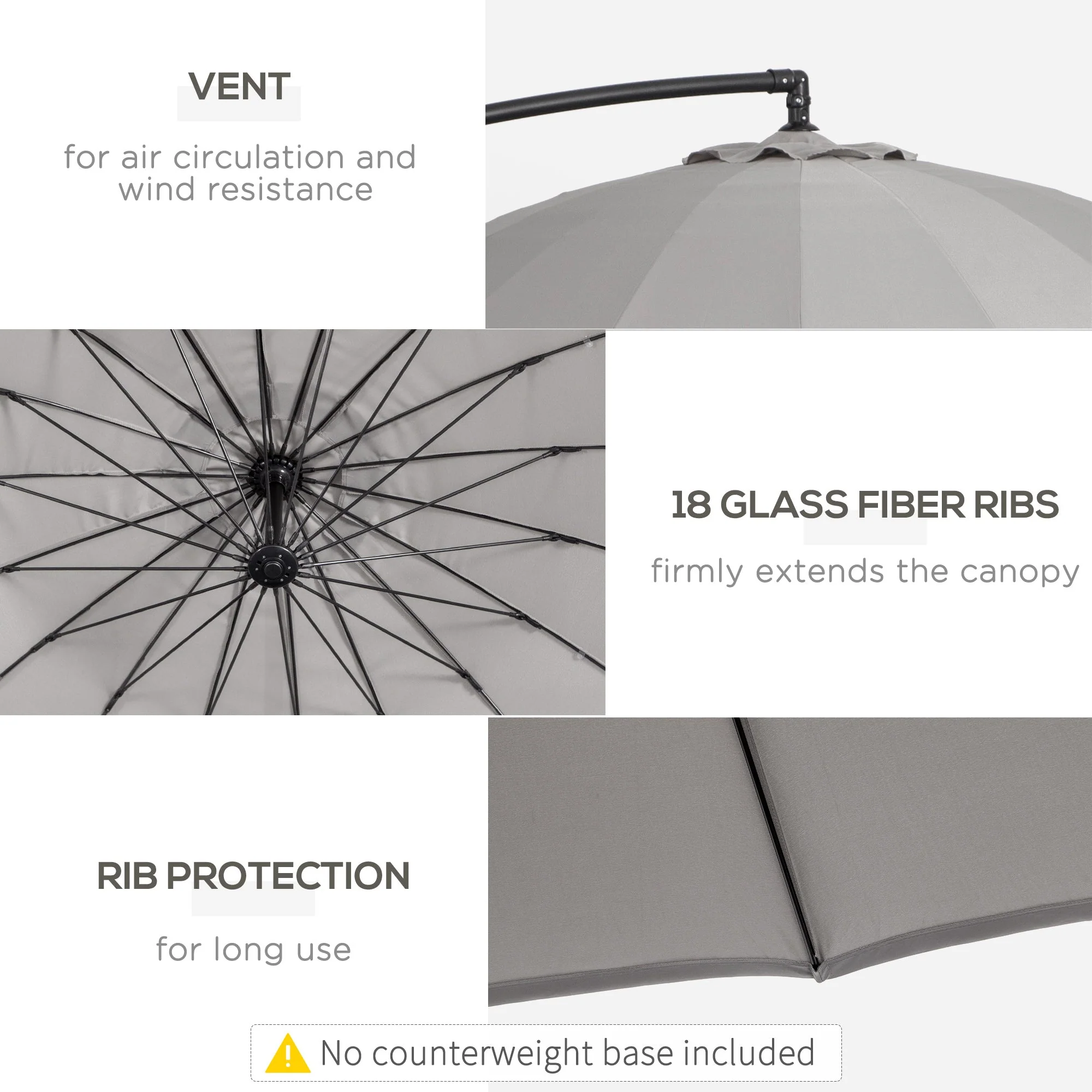Outsunny 3(M) Cantilever Umbrella 18 Ribs & Vents Adjustable Angle For Patio Light Grey - Image 6