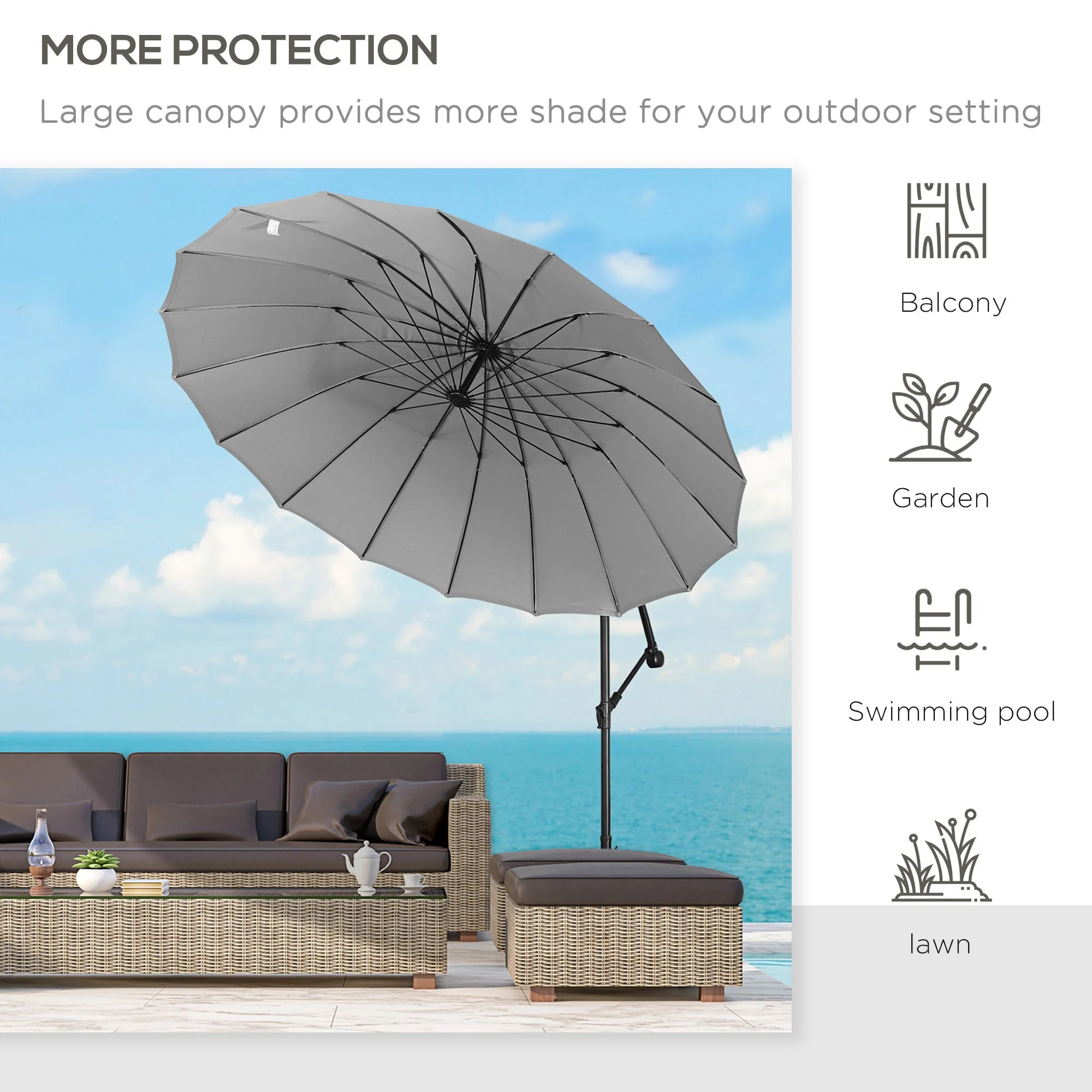 Outsunny 3(M) Cantilever Umbrella 18 Ribs & Vents Adjustable Angle For Patio Light Grey - Image 7
