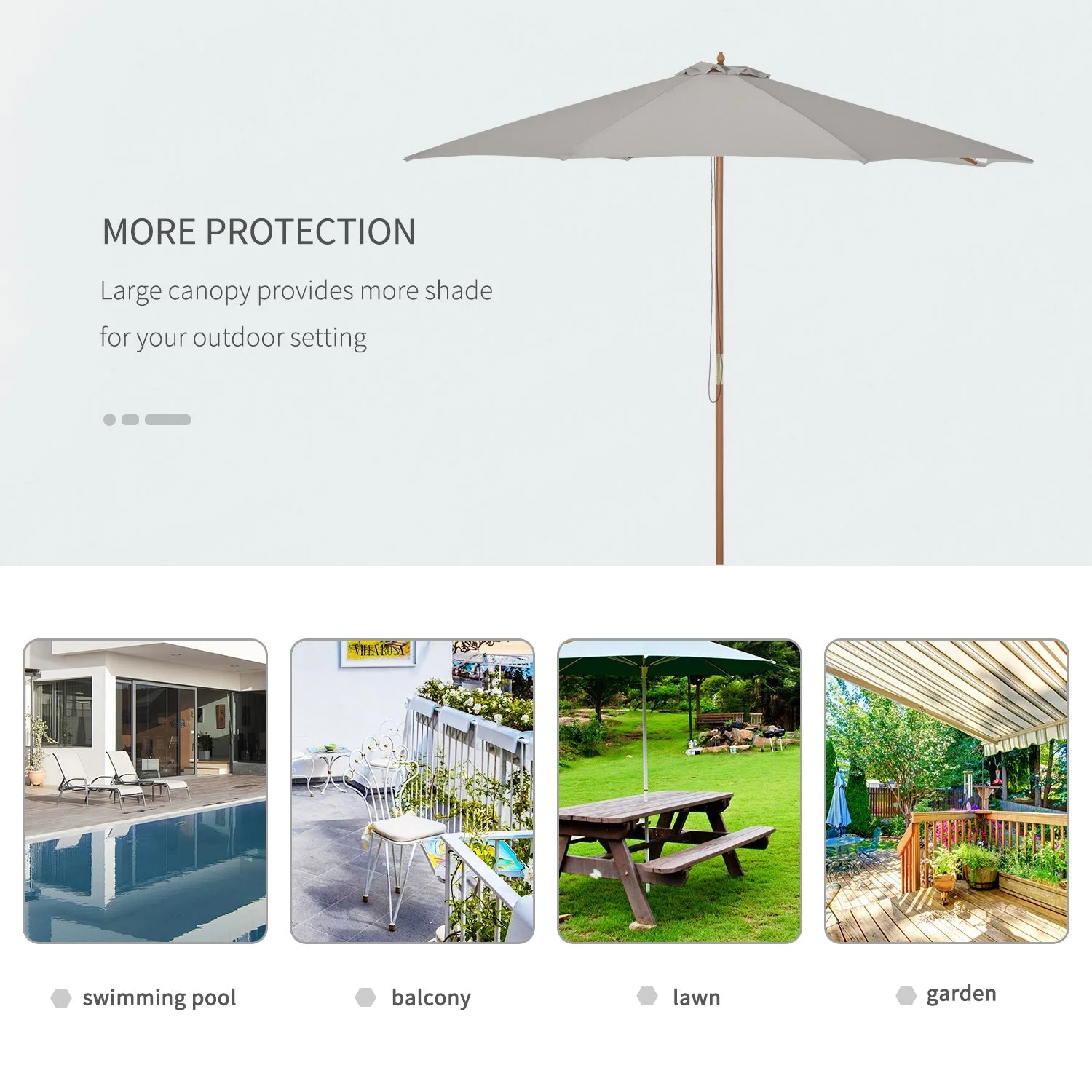 Outsunny 3(M) Fir Wooden Parasol Garden Umbrellas 8 Ribs Bamboo Sun Shade Patio Outdoor Umbrella Canopy Grey - Image 5