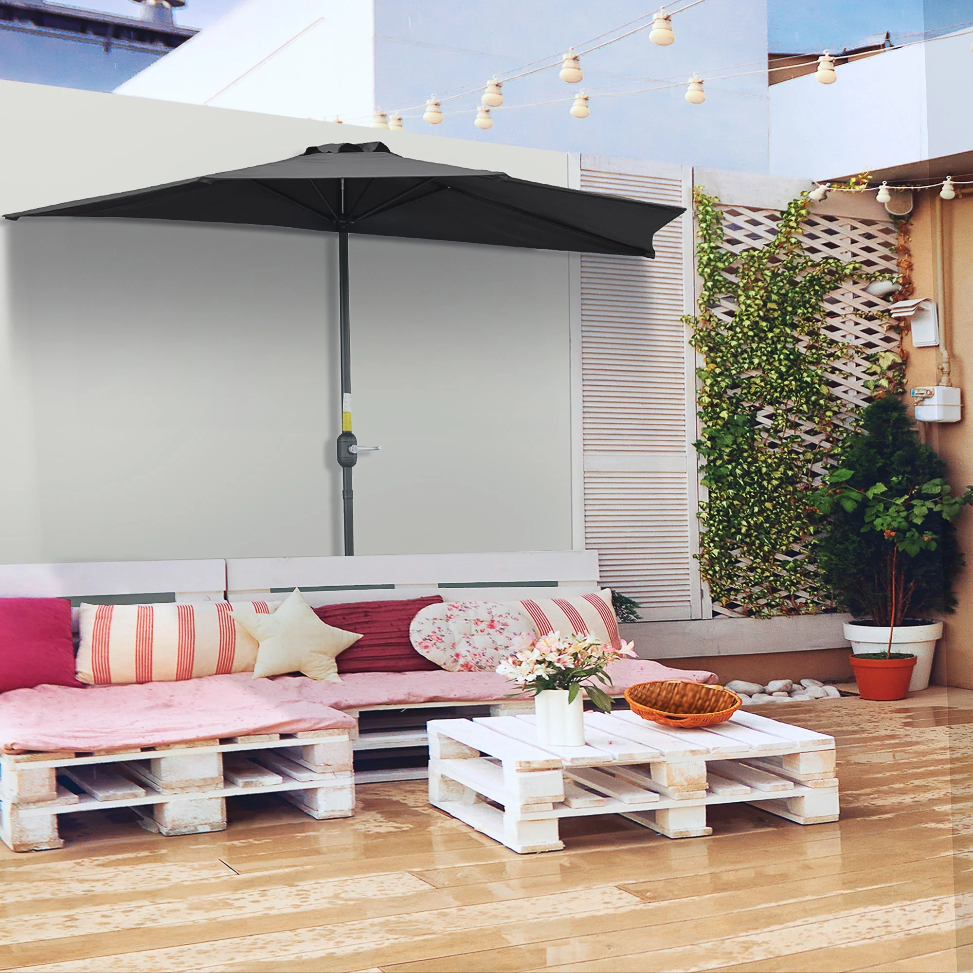 Outsunny 3(m) Half Parasol Semi Round Umbrella Patio Metal Frame Crank Handle for Balcony-- NO BASE INCLUDED - Image 2