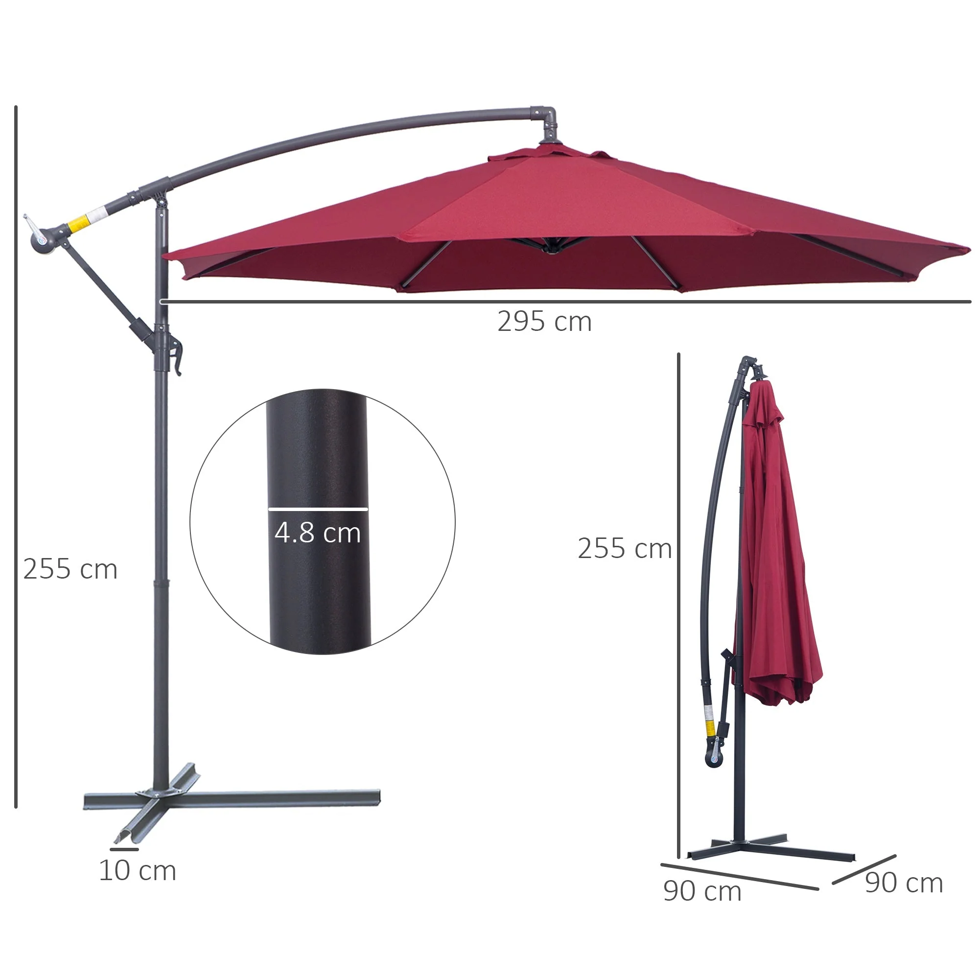 Outsunny 3M Water Resistant Terylene Hanging Parasol Wine Red - Image 3