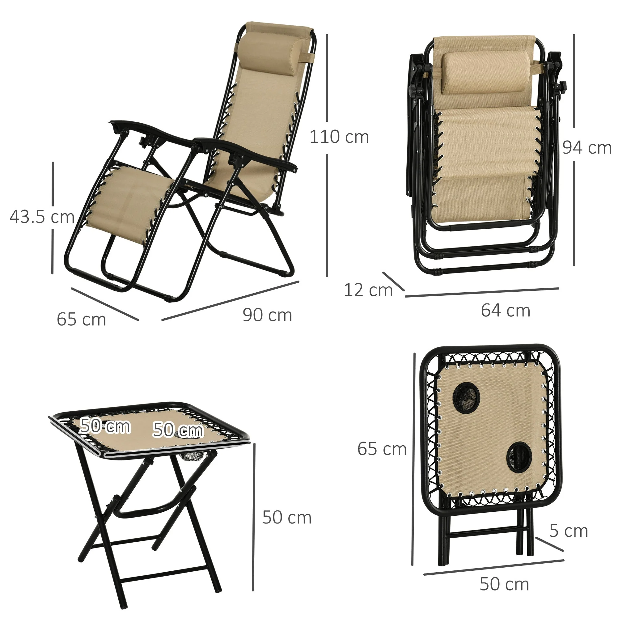 Outsunny 3pcs Folding Zero Gravity Chairs Sun Lounger Table Set w/ Cup Holders Reclining Garden Yard Pool - Image 2