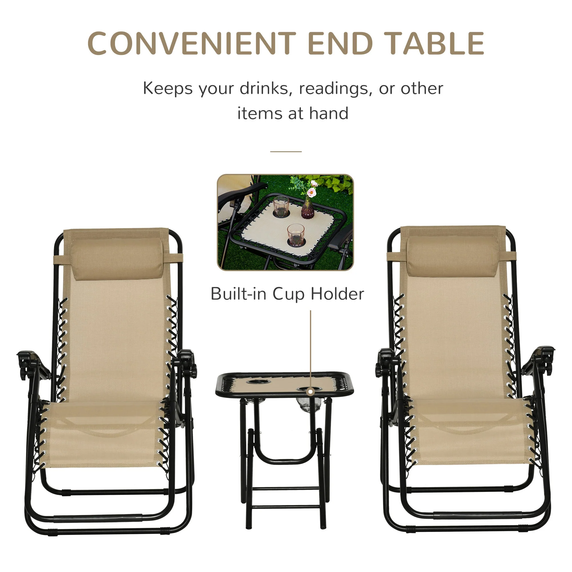 Outsunny 3pcs Folding Zero Gravity Chairs Sun Lounger Table Set w/ Cup Holders Reclining Garden Yard Pool - Image 4