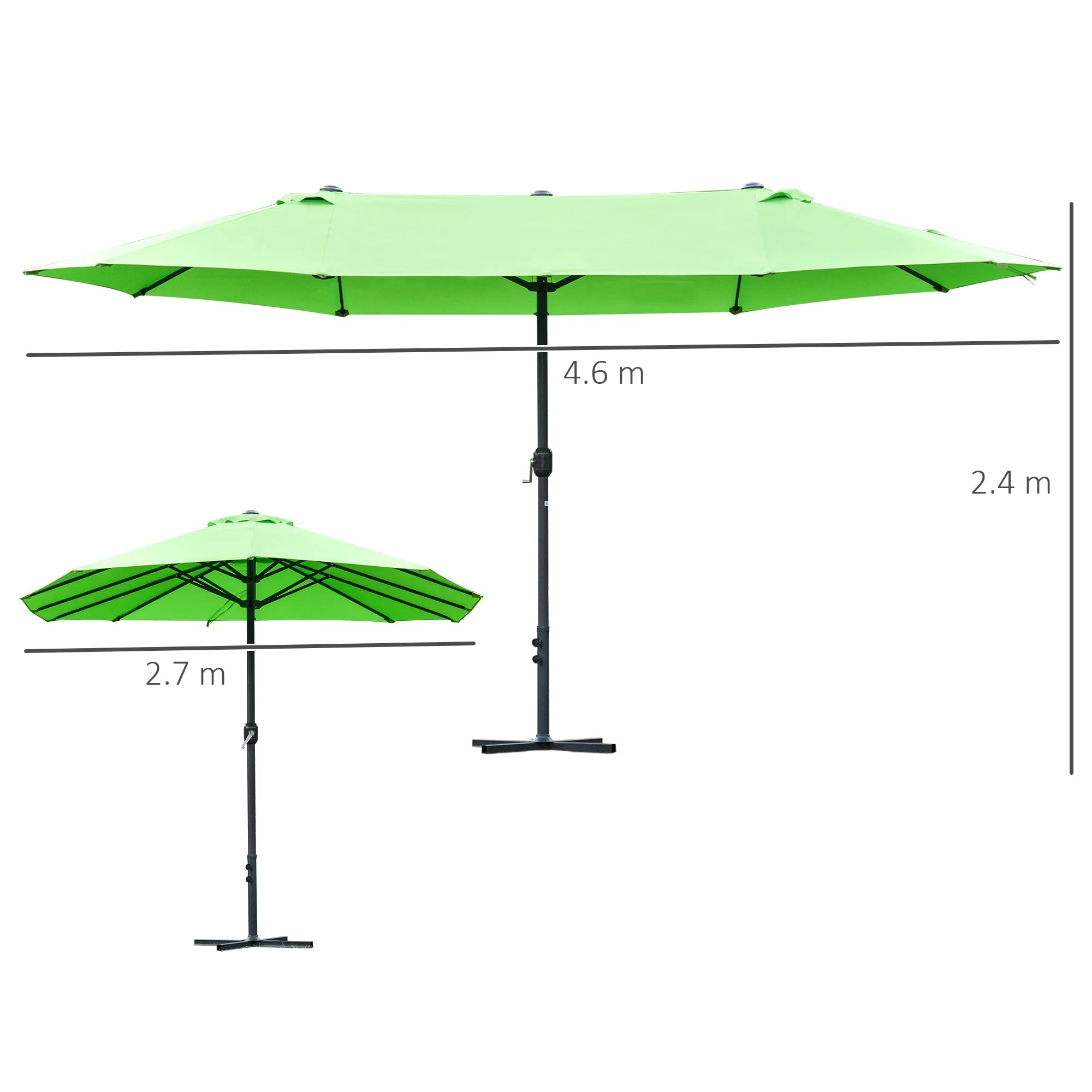 Outsunny 4.6M Sun Umbrella Canopy Double-Sided Crank Sun Shade With Cross Base Green - Image 3