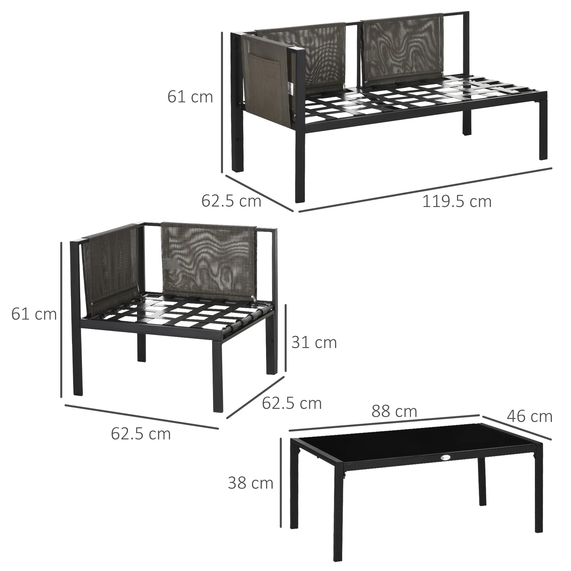 Outsunny 4 Piece Metal Garden Furniture Set with Tempered Glass Coffee Table - Image 2