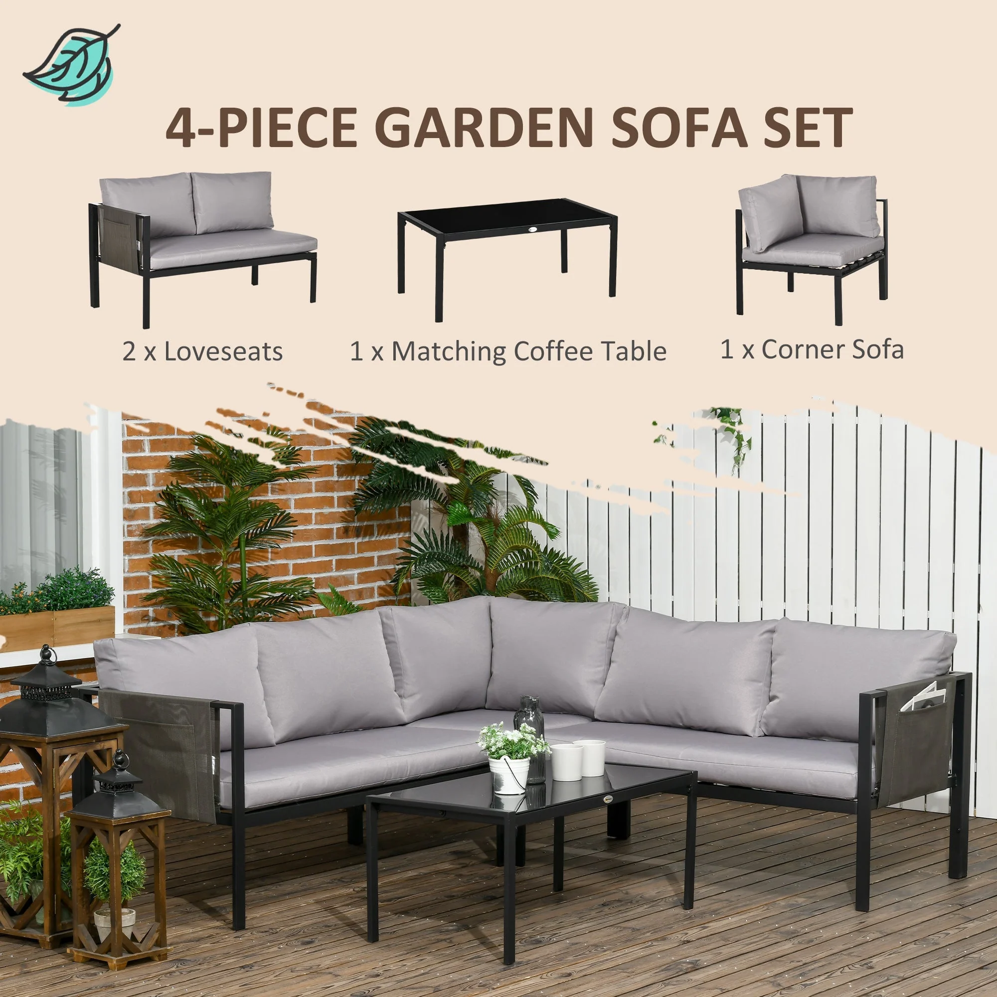 Outsunny 4 Piece Metal Garden Furniture Set with Tempered Glass Coffee Table - Image 3