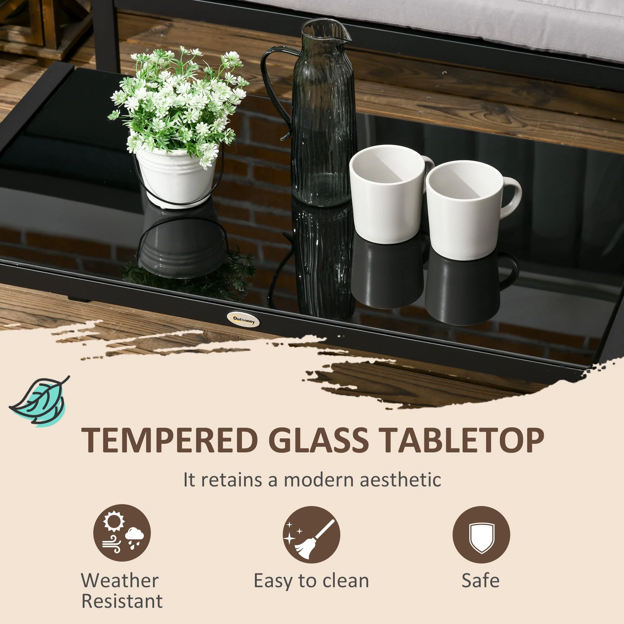 Outsunny 4 Piece Metal Garden Furniture Set with Tempered Glass Coffee Table - Image 5