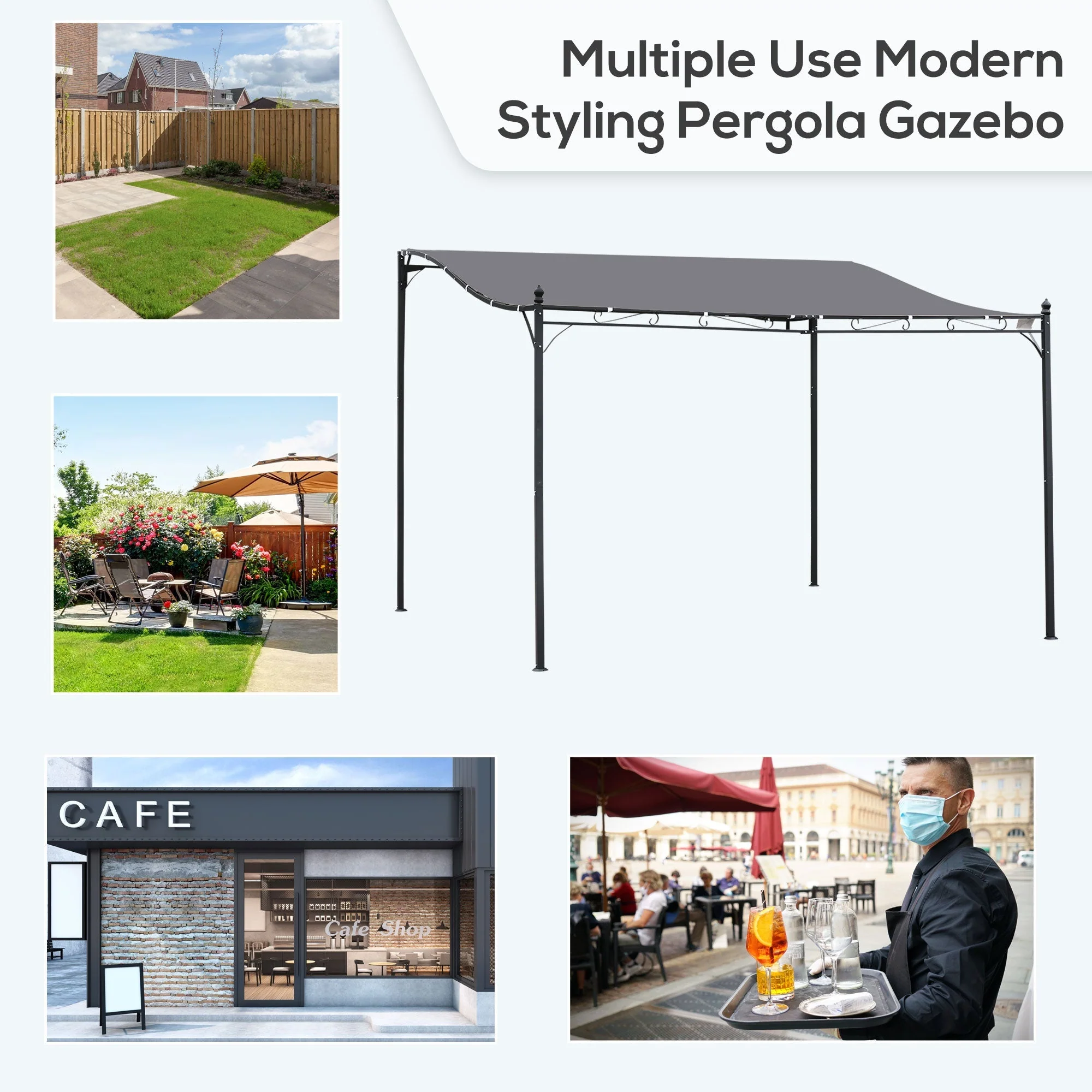 Outsunny 4 X 3M Canopy Metal Wall Gazebo Awning Garden Marquee Shelter Door Porch - Grey - Image 6