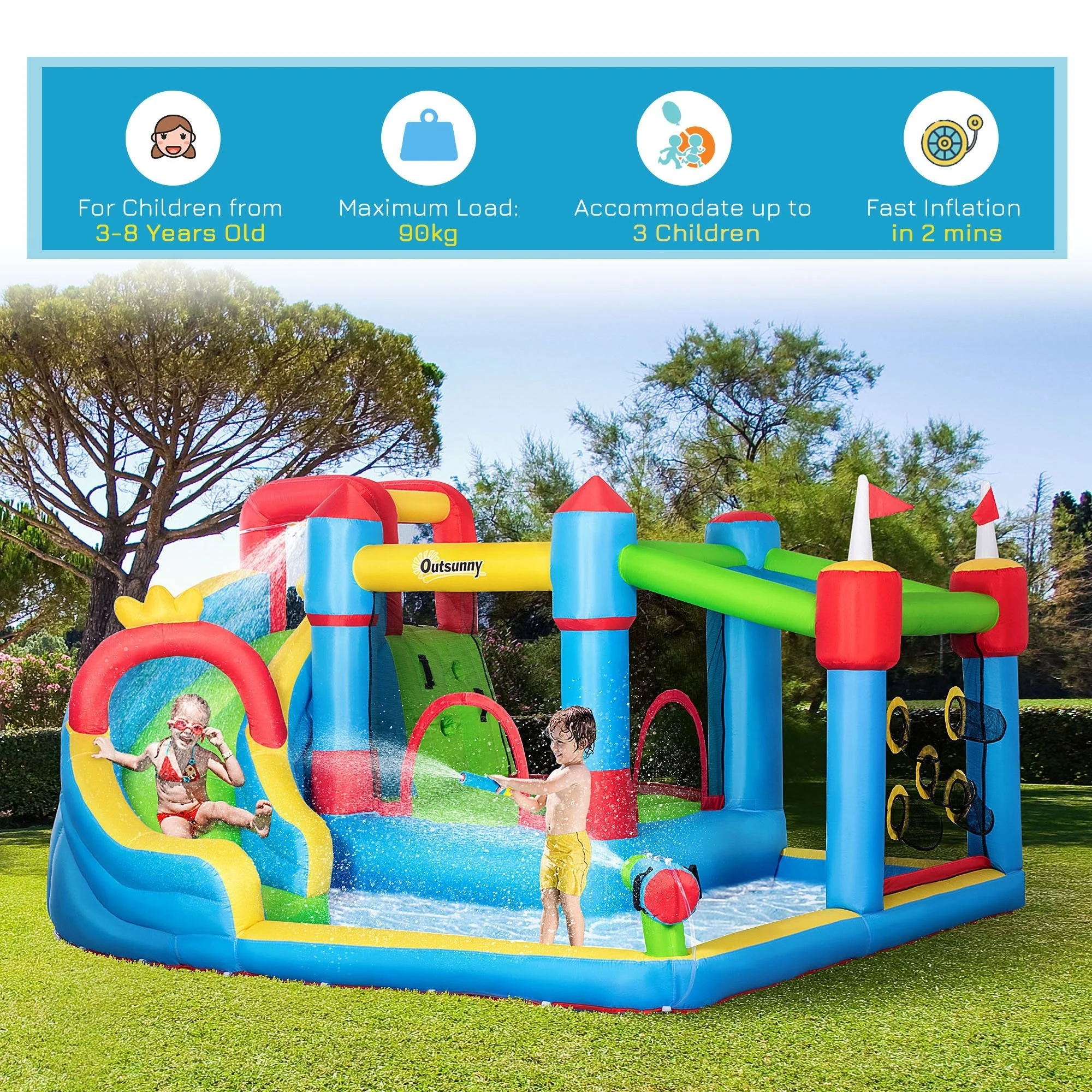 Outsunny 5 in 1 Kids Bounce Castle Large Castle Style Inflatable House Slide Trampoline Pool Water Gun Climbing Wall with Inflator Carrybag Patches for Kids Age 3-8 - Image 4
