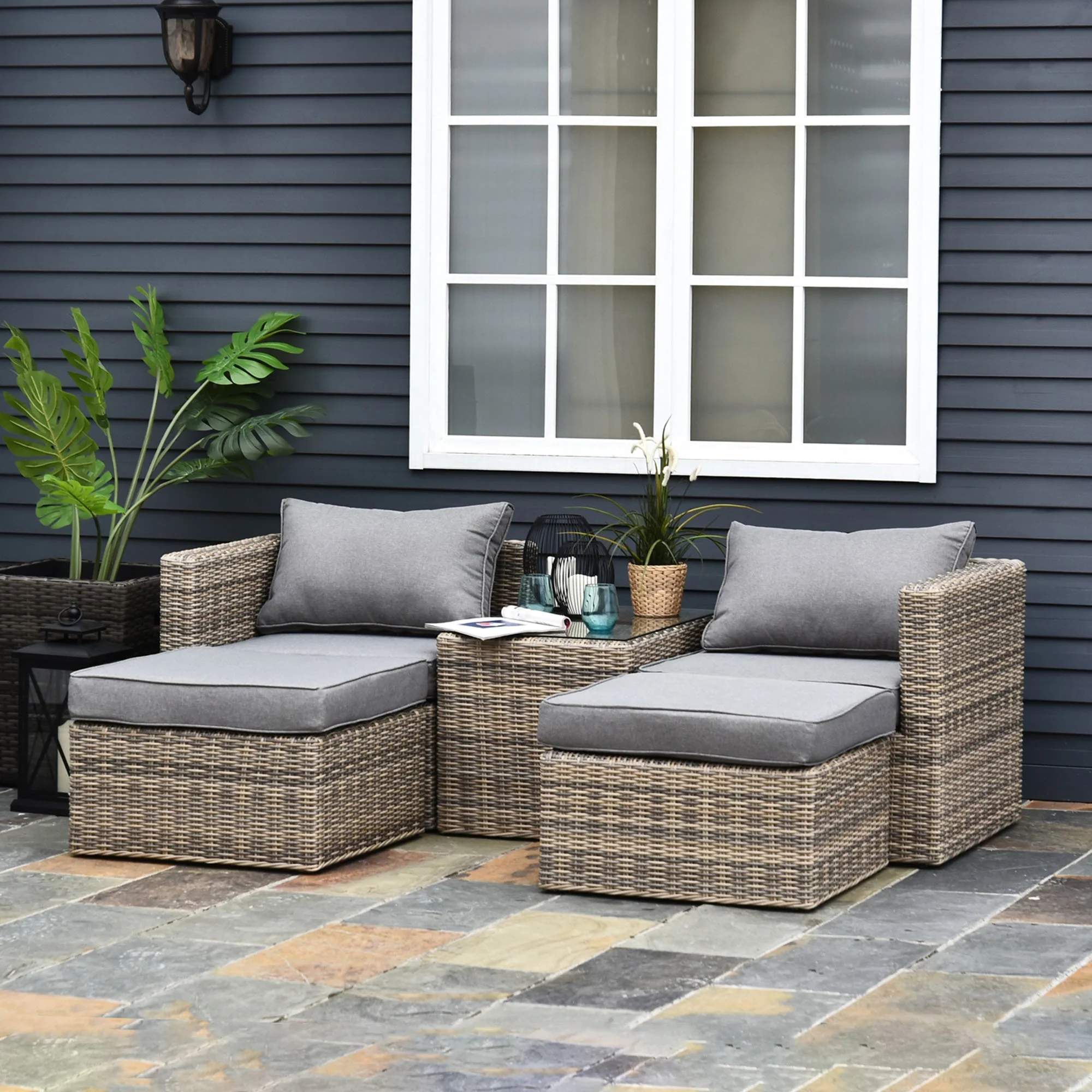 Outsunny 5 Pcs Rattan Garden Furniture Set W/ Tall Glass-Top Table Aluminium Frame Plastic Wicker Thick Soft Cushions Comfortable Outdoor Balcony Home Sofa - Brown - Image 2