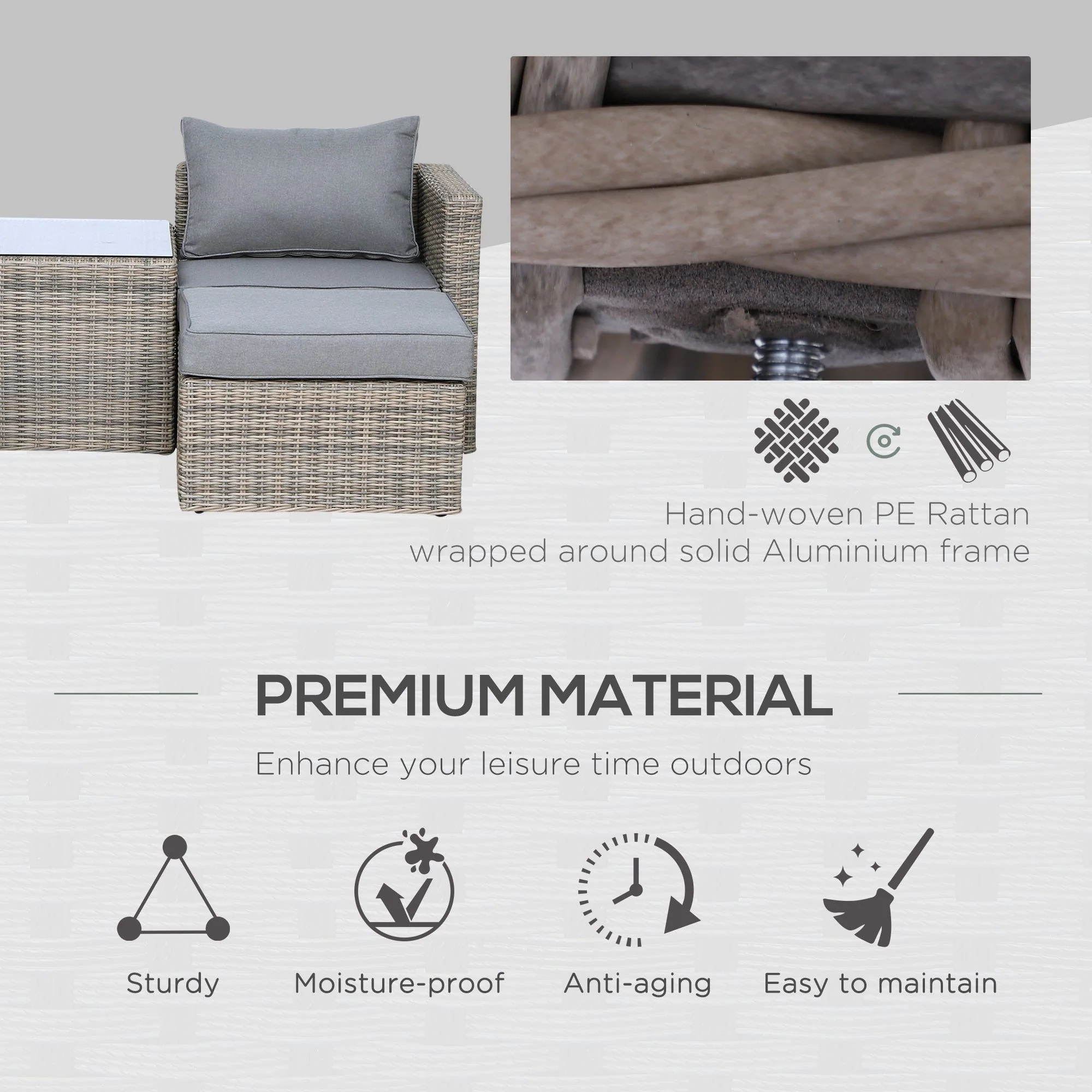 Outsunny 5 Pcs Rattan Garden Furniture Set W/ Tall Glass-Top Table Aluminium Frame Plastic Wicker Thick Soft Cushions Comfortable Outdoor Balcony Home Sofa - Brown - Image 7