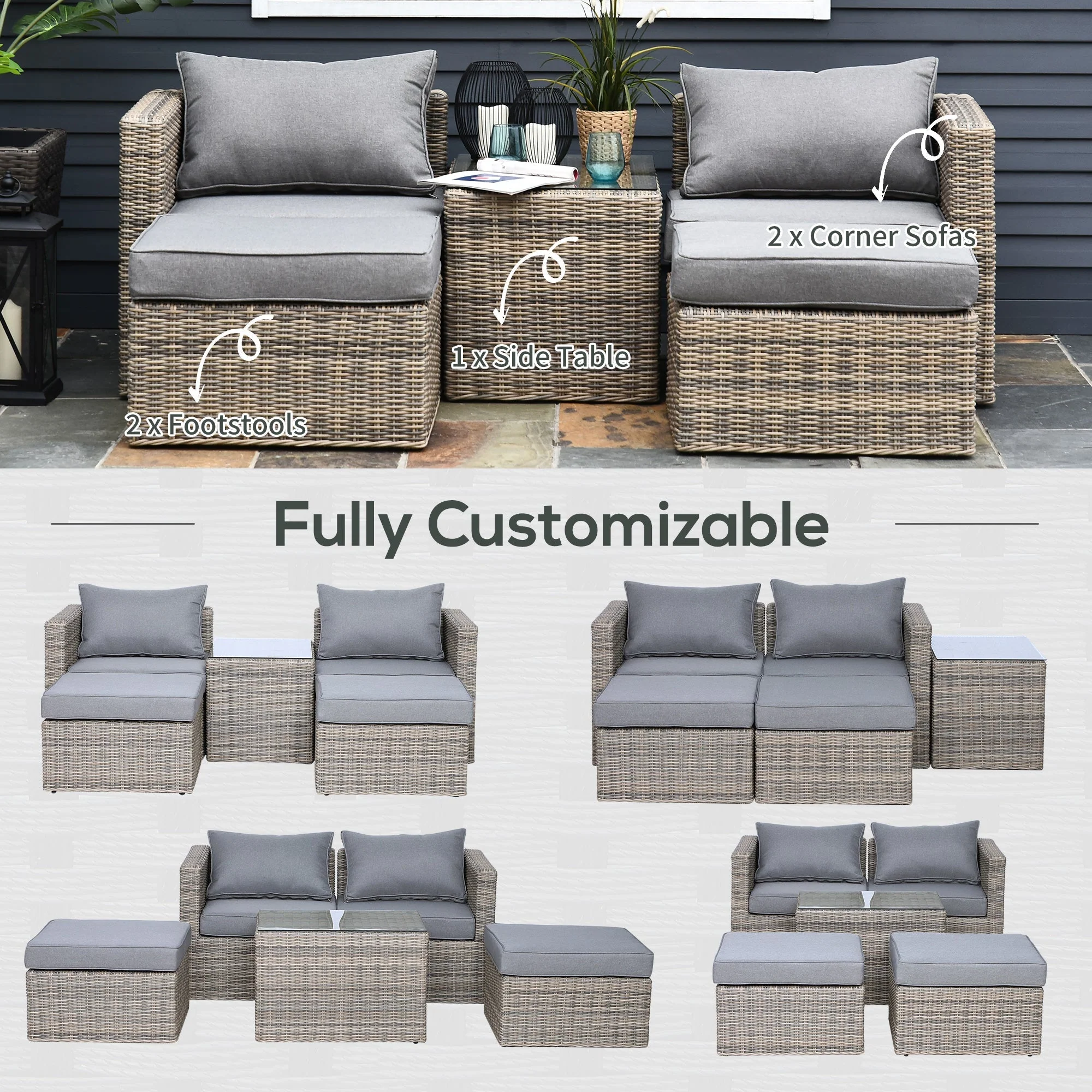 Outsunny 5 Pcs Rattan Garden Furniture Set W/ Tall Glass-Top Table Aluminium Frame Plastic Wicker Thick Soft Cushions Comfortable Outdoor Balcony Home Sofa - Brown - Image 8