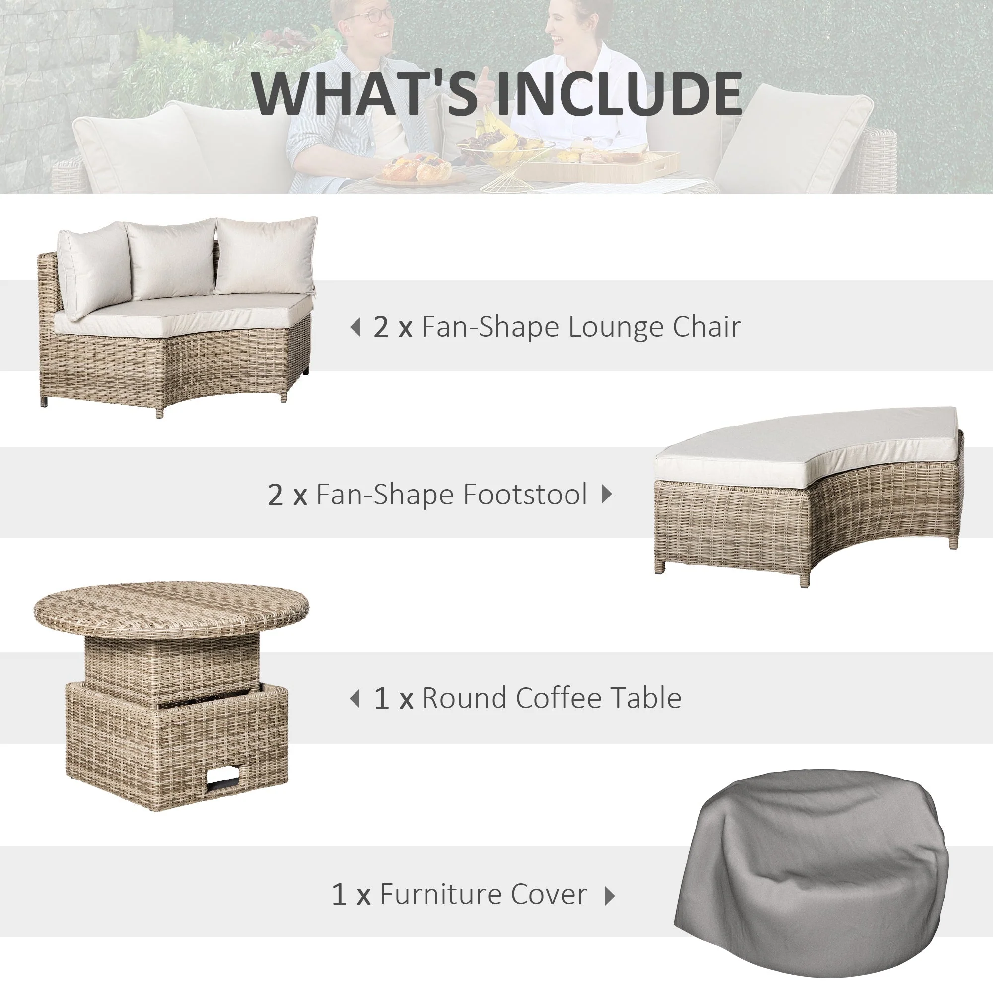 Outsunny 5 Pieces Outdoor PE Rattan Round Garden Daybed with Cushions - Image 4