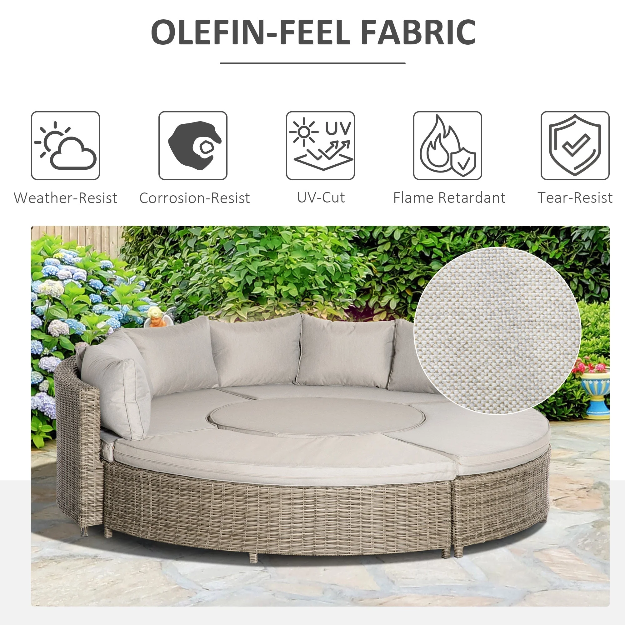 Outsunny 5 Pieces Outdoor PE Rattan Round Garden Daybed with Cushions - Image 7