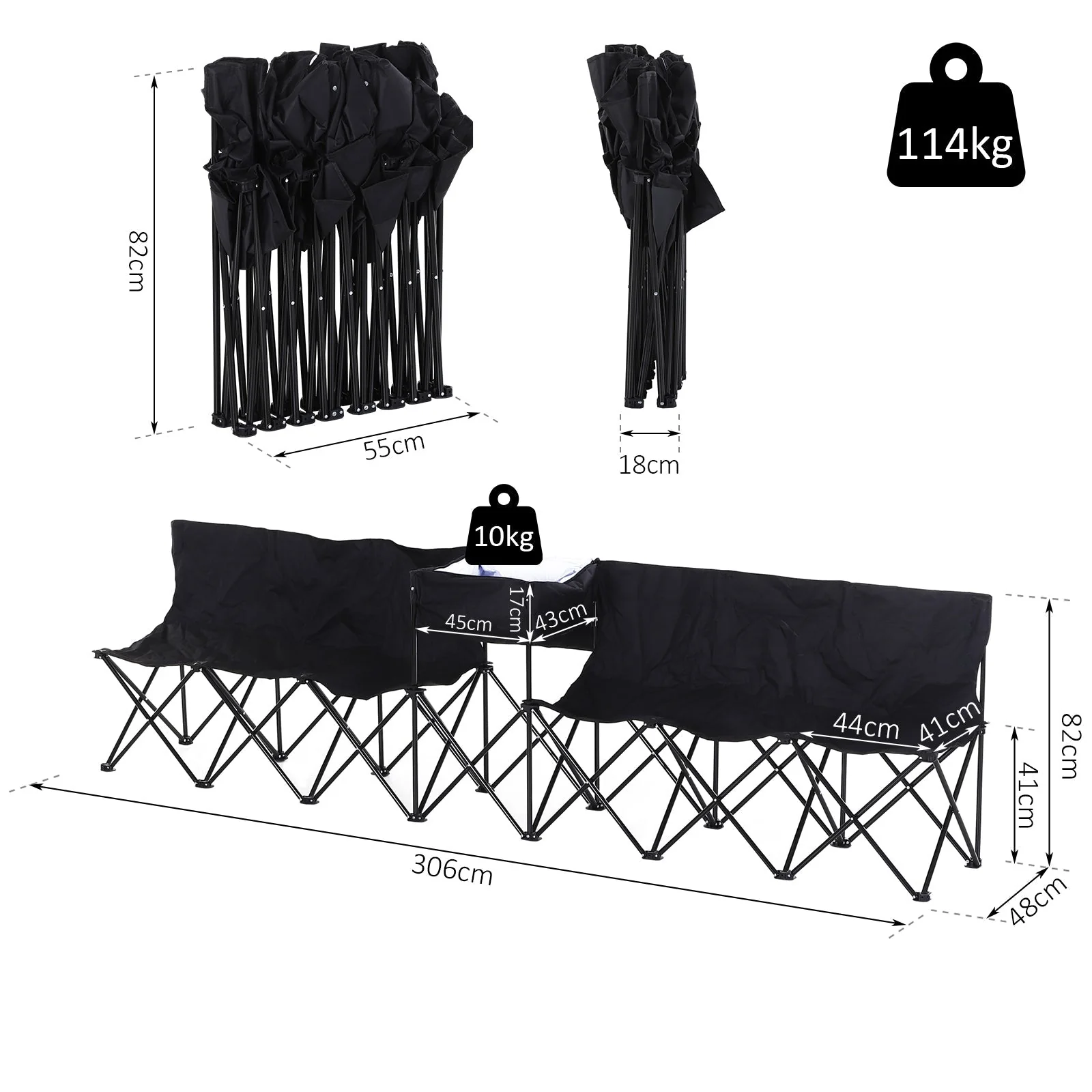 Outsunny 6-Seater Folding Steel Camping Bench With Cooler Bag Black - Image 3