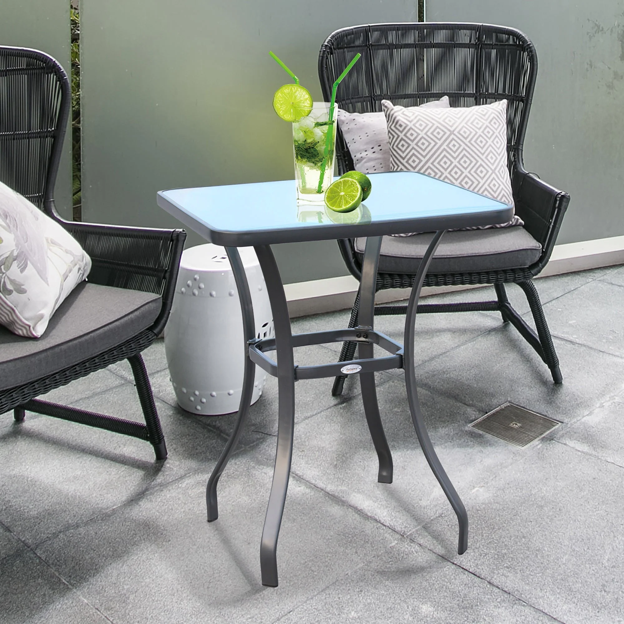 Outsunny Bar Table Bistro Square Glass Dining Kitchen Breakfast Pub Party Metal Garden Caf Coffee Table Patio - Image 2