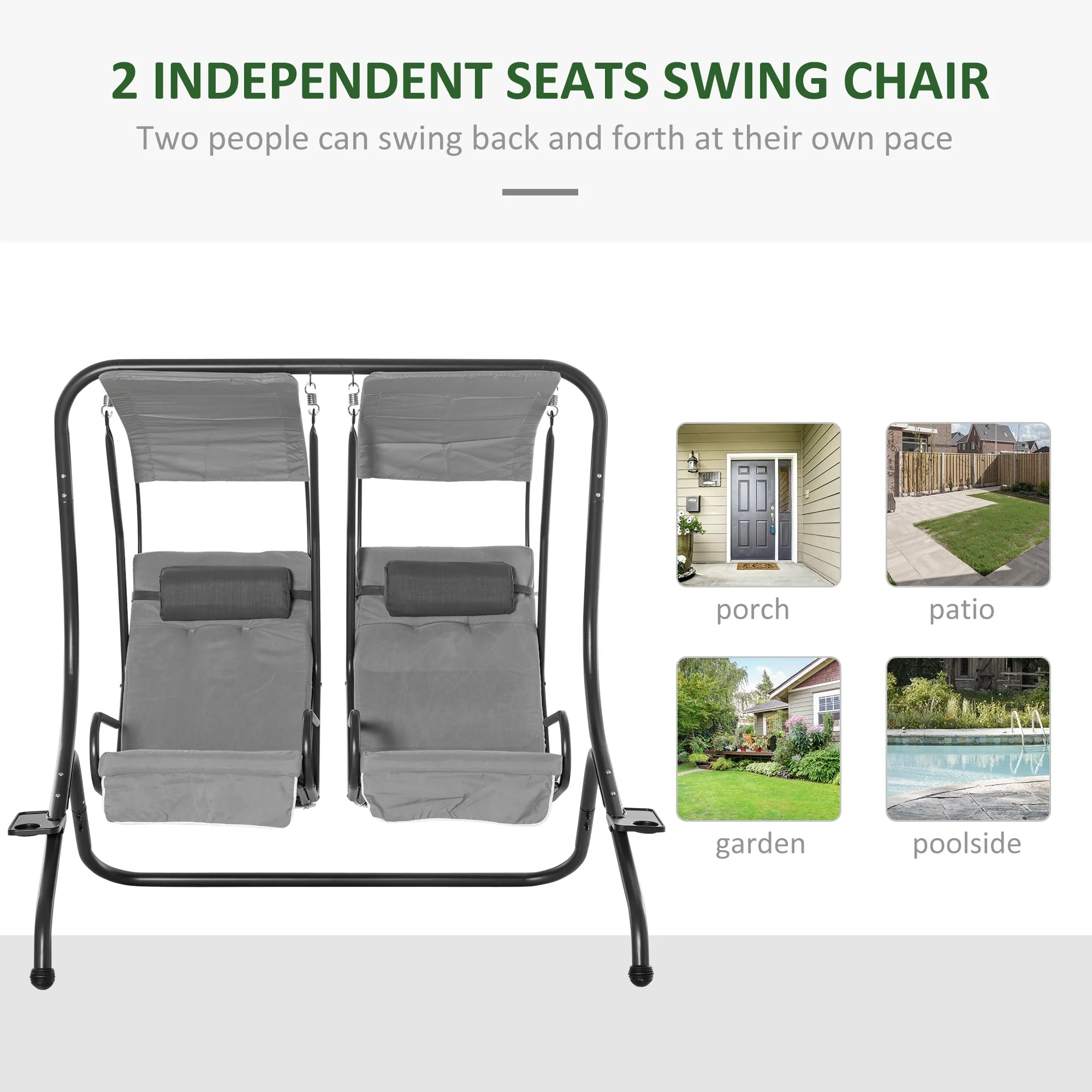 Outsunny Canopy Swing 2 Separate Relax Chairs With Handrails And Removable Canopy Grey - Image 4