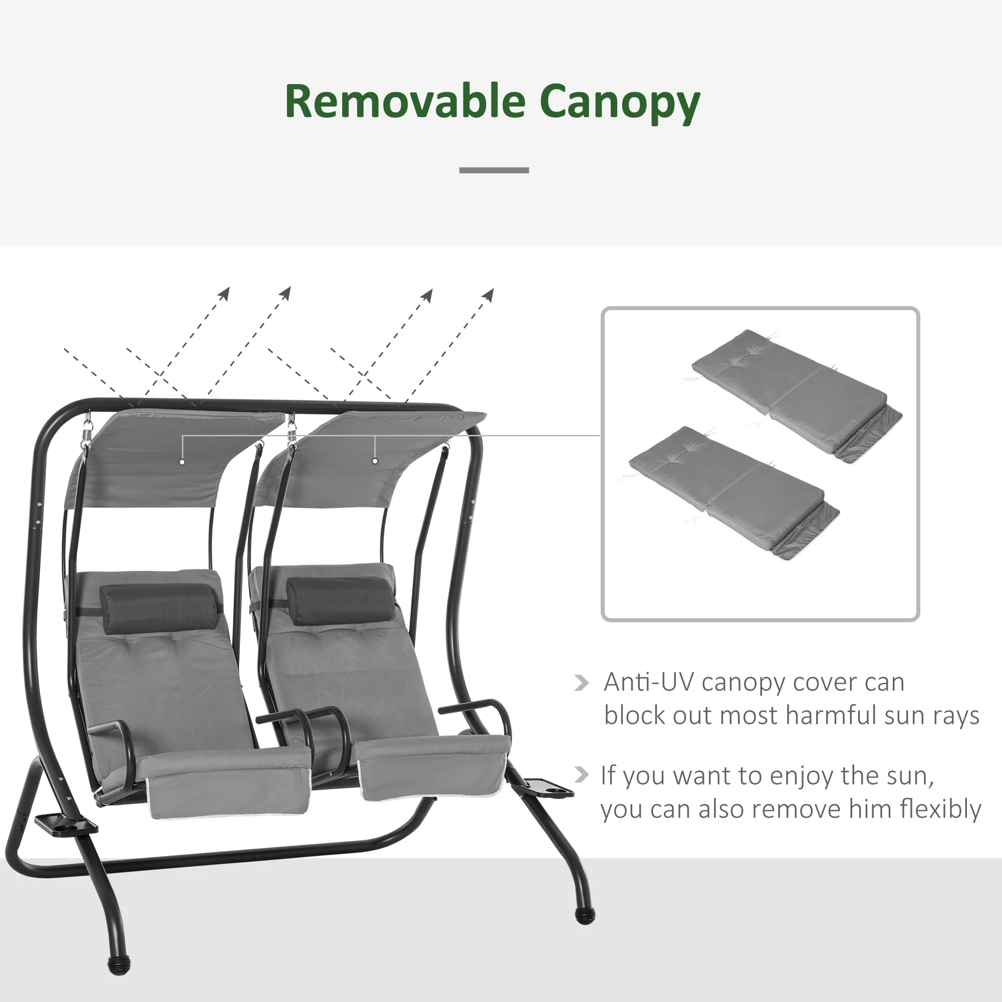 Outsunny Canopy Swing 2 Separate Relax Chairs With Handrails And Removable Canopy Grey - Image 5