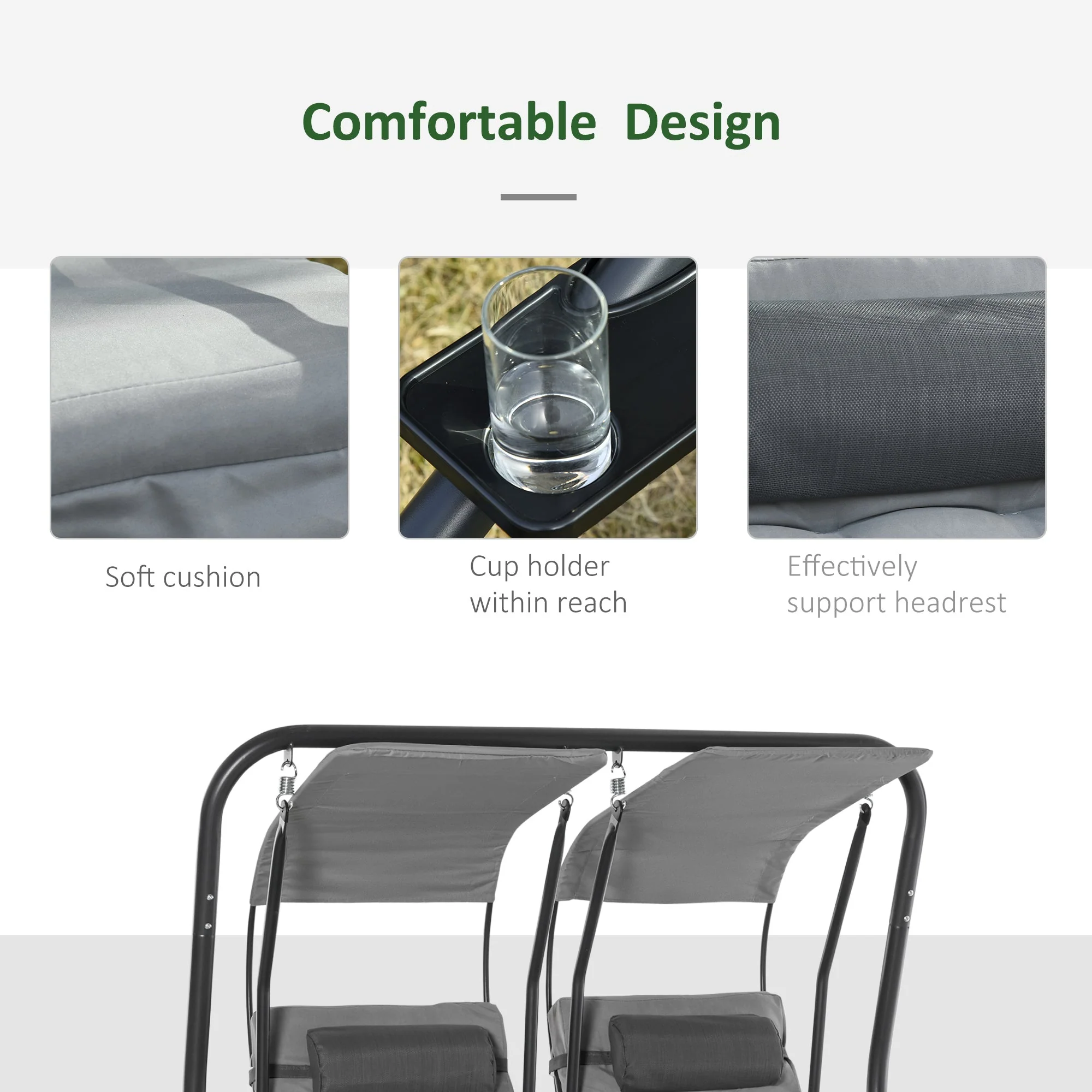 Outsunny Canopy Swing 2 Separate Relax Chairs With Handrails And Removable Canopy Grey - Image 6