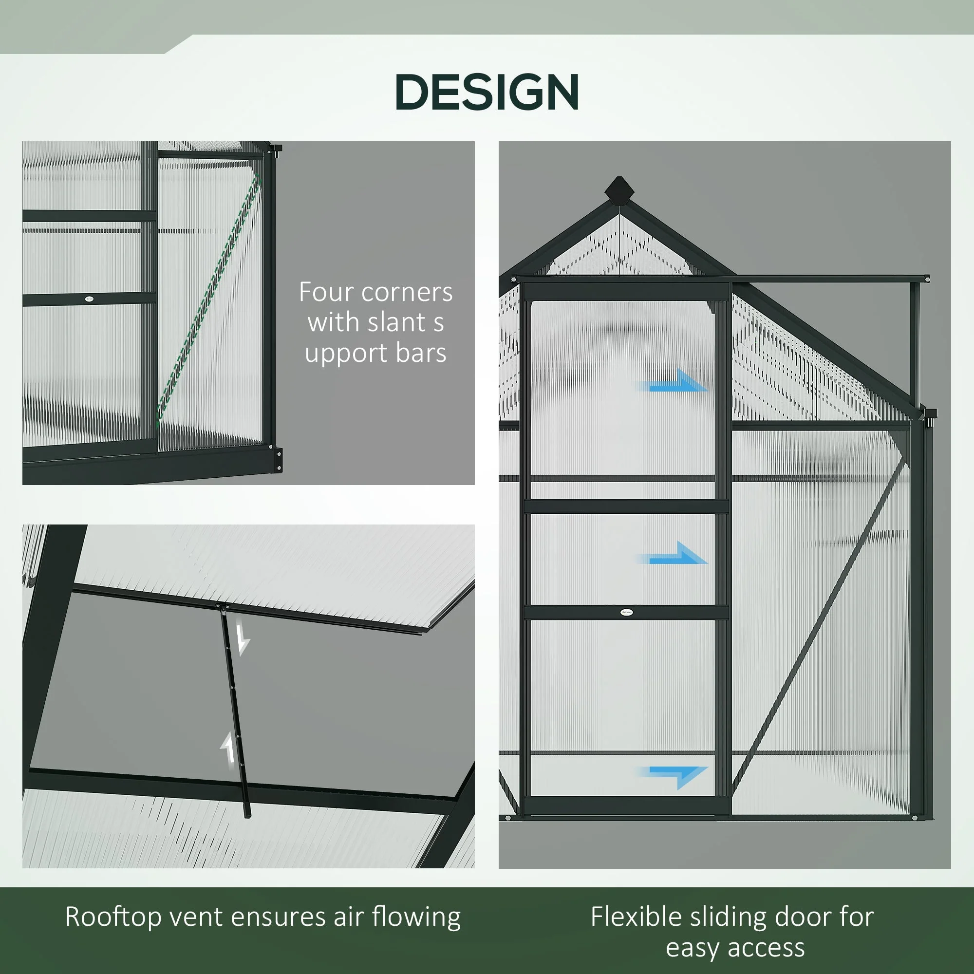 Outsunny Clear Polycarbonate Greenhouse Large Walk-In Green House Garden Plants Grow Galvanized Base Aluminium Frame With Slide Door - Image 4