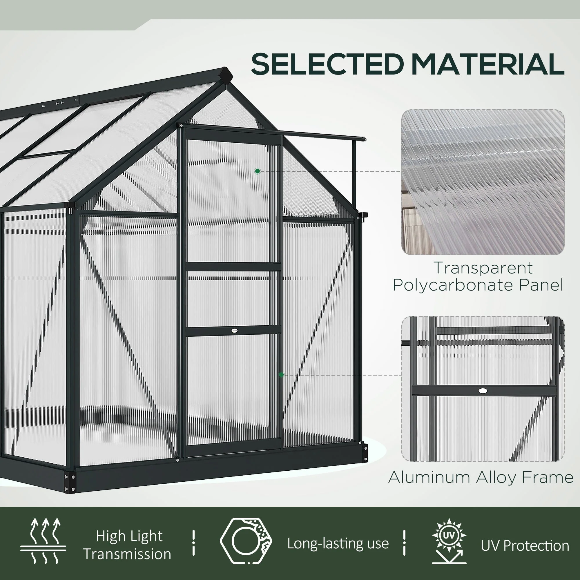 Outsunny Clear Polycarbonate Greenhouse Large Walk-In Green House Garden Plants Grow Galvanized Base Aluminium Frame With Slide Door - Image 5