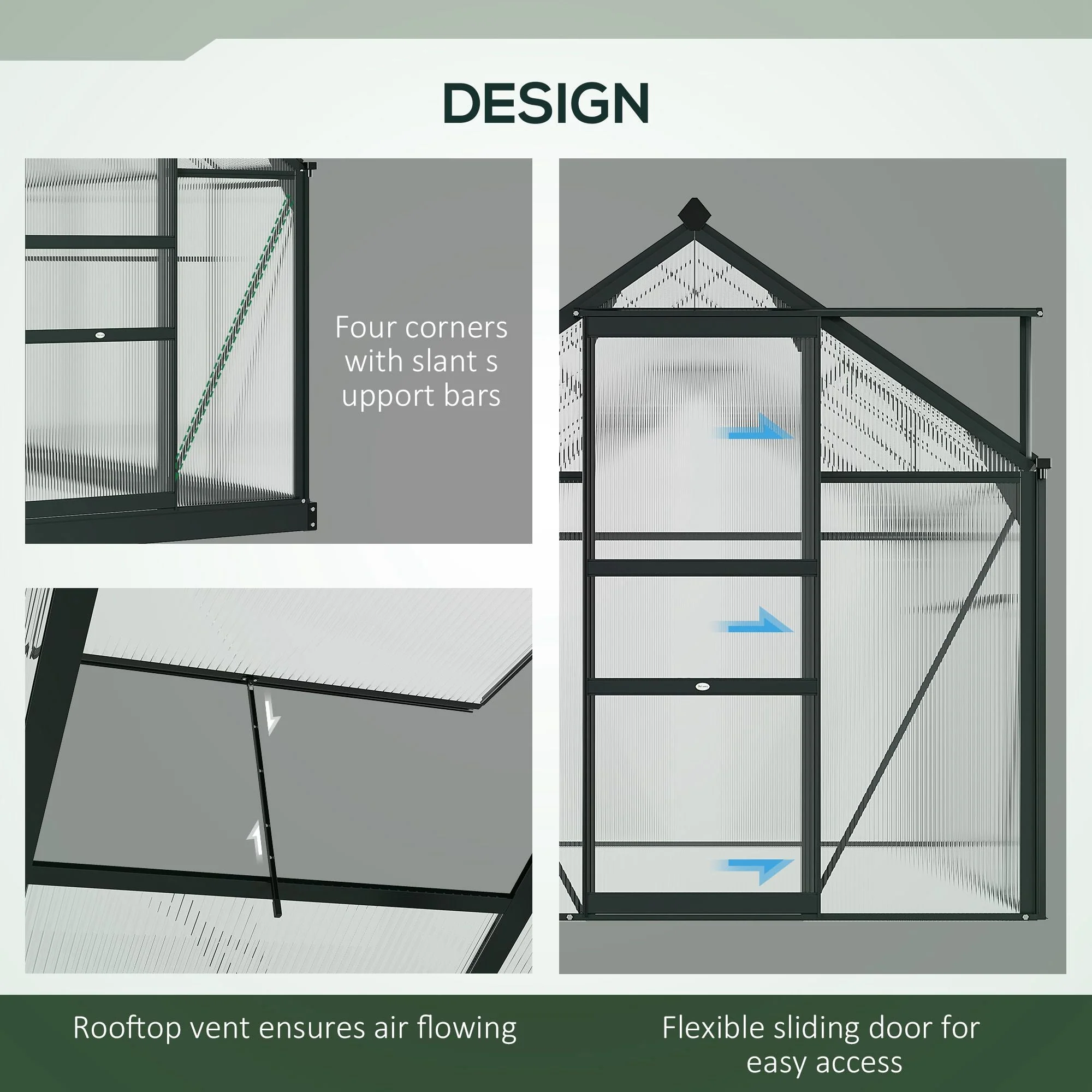 Outsunny Clear Polycarbonate Greenhouse Large Walk-In Green House Garden Plants Grow Galvanized Base Aluminium Frame With Slide Door - Image 4