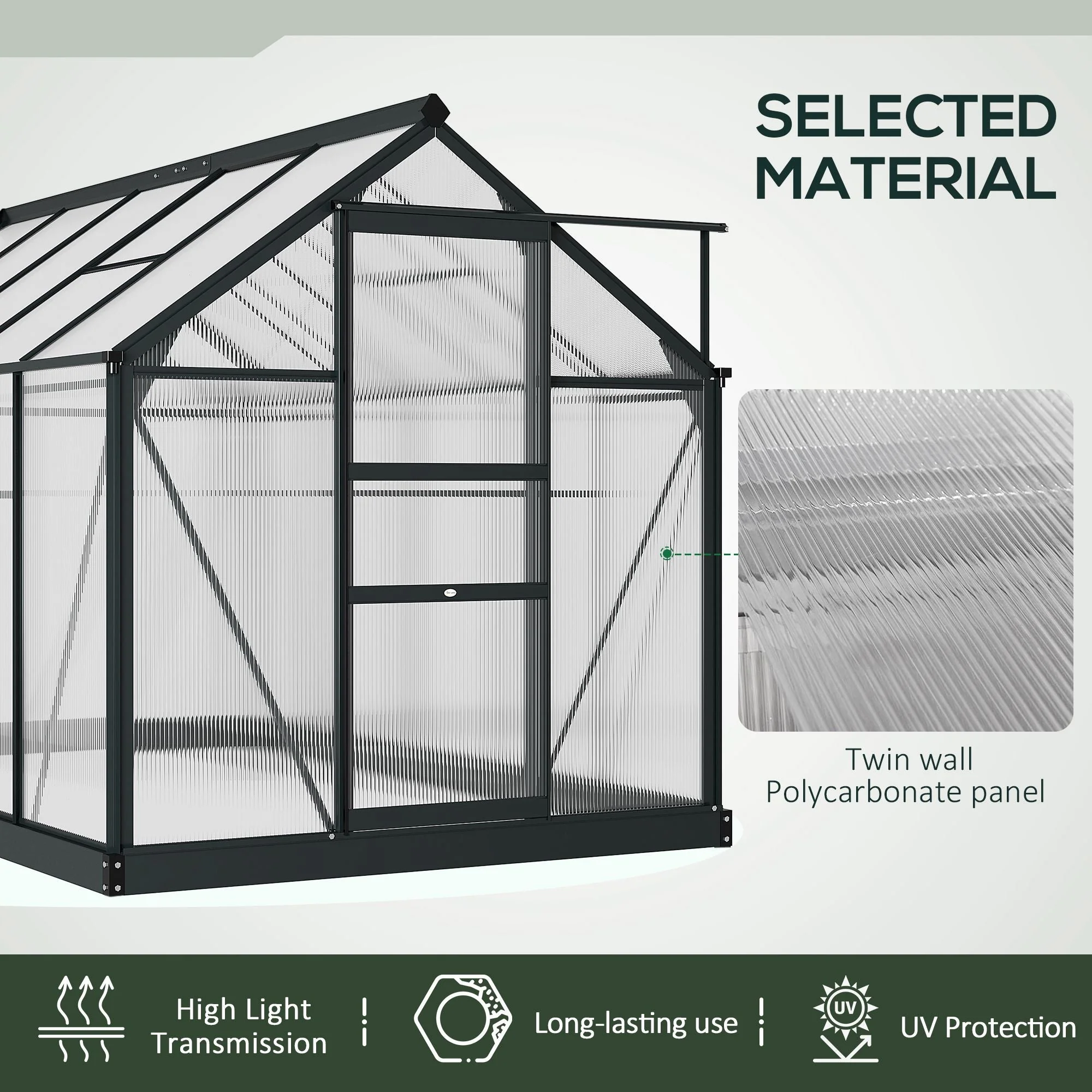 Outsunny Clear Polycarbonate Greenhouse Large Walk-In Green House Garden Plants Grow Galvanized Base Aluminium Frame With Slide Door - Image 5
