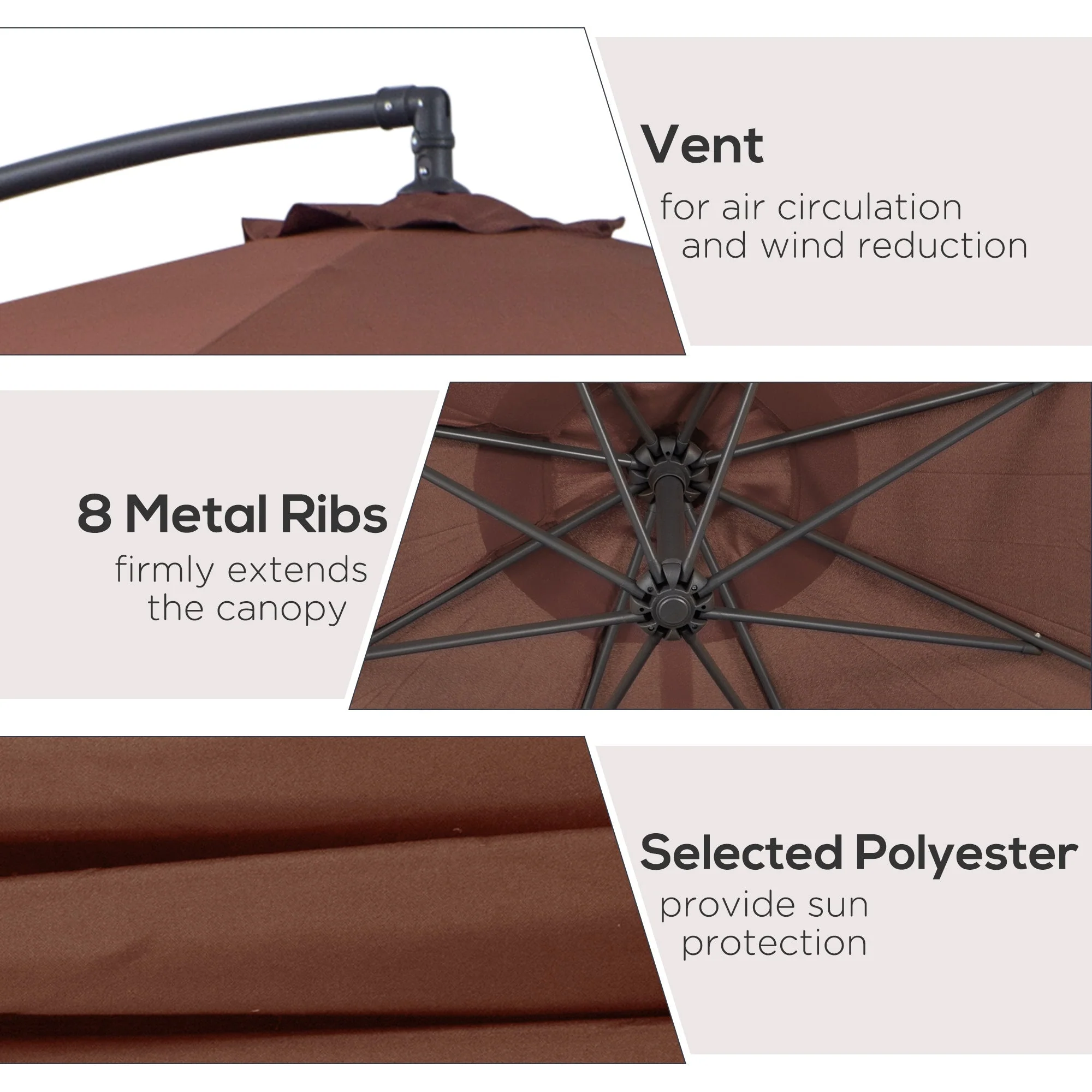 Outsunny Diameter 3M Hanging Umbrella Parasol-Coffee - Image 6