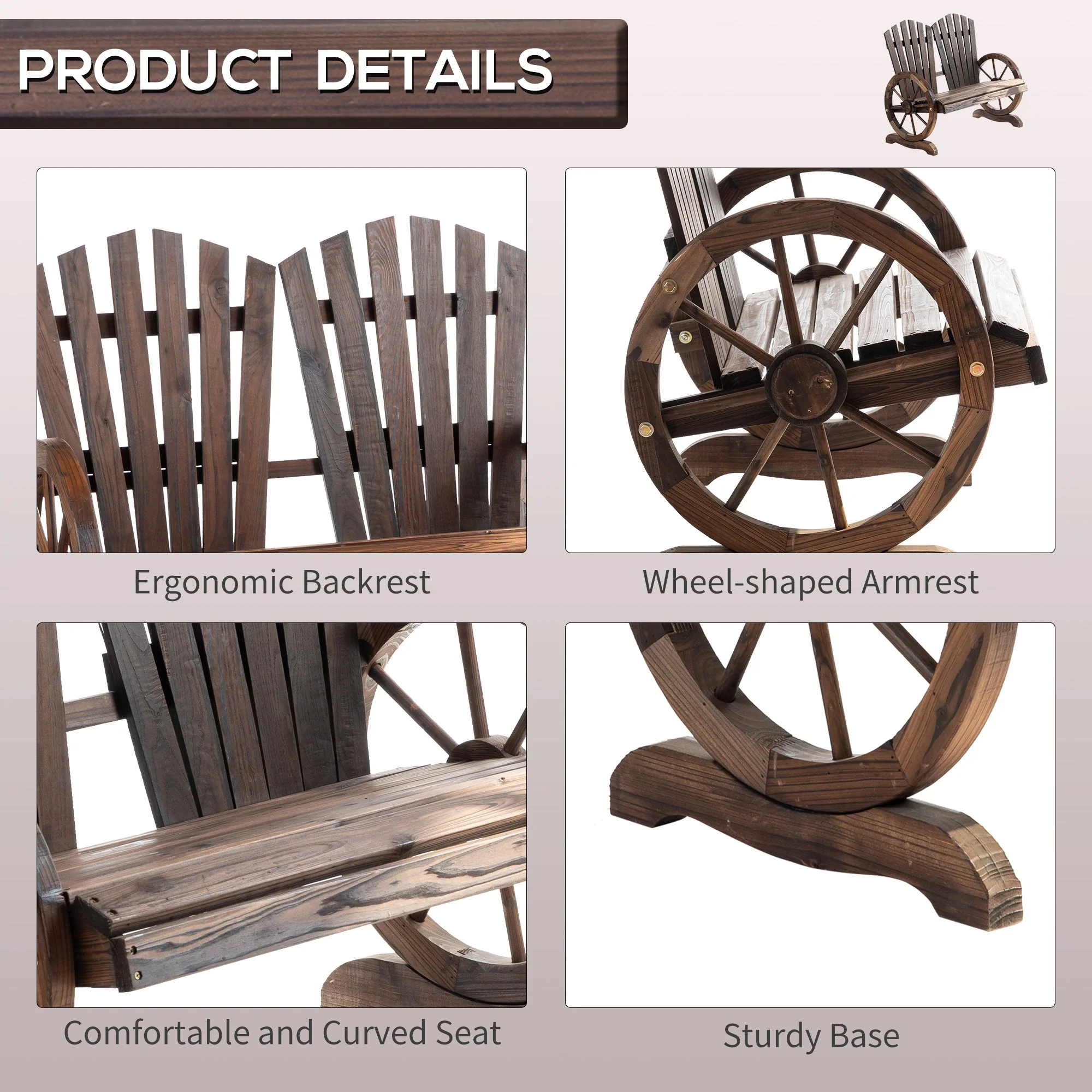 Outsunny Fir Logs Love Seats With Wheel-Shaped Armrests Large Load-Bearing Chair Natural Wood Grain - Image 6
